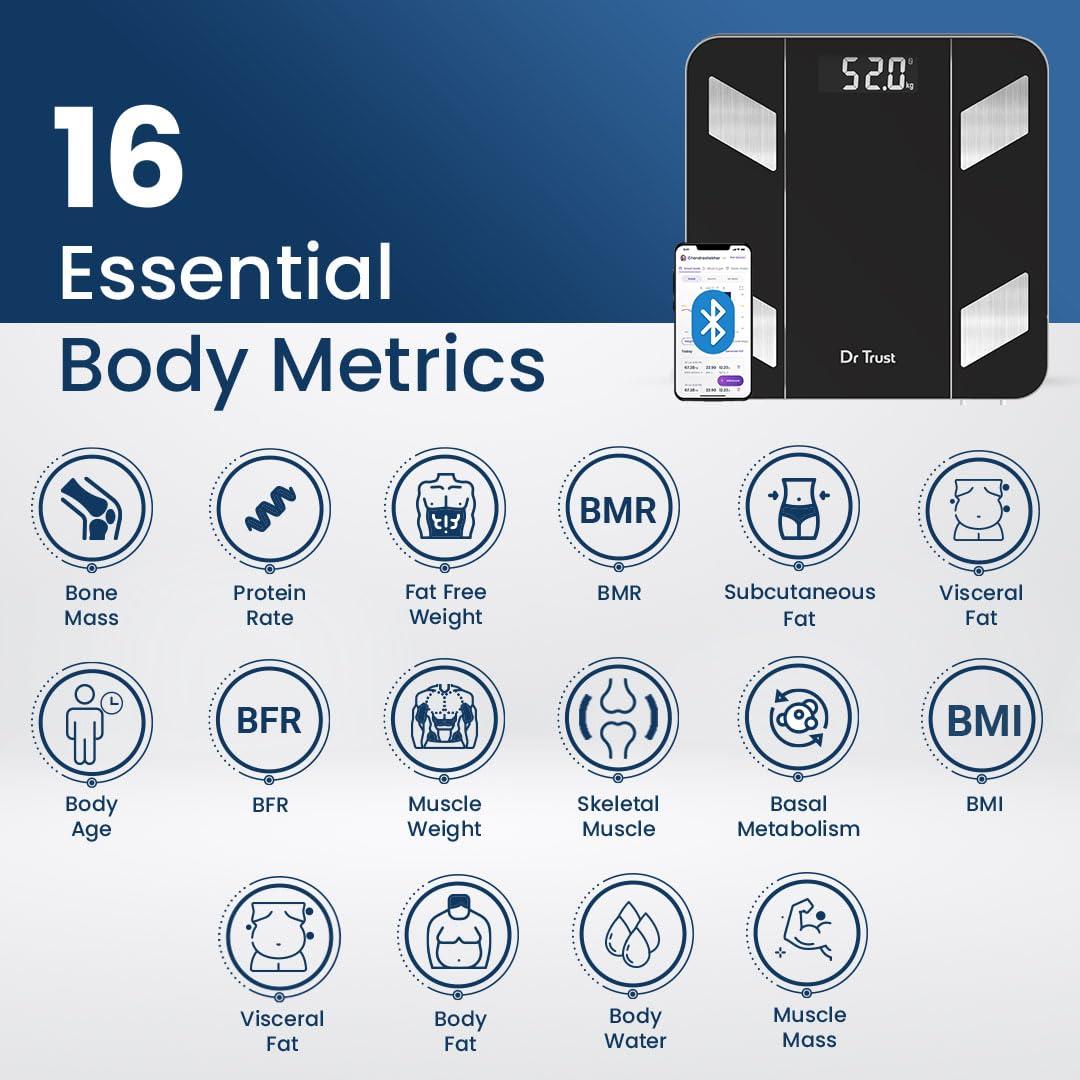 Dr Trust Dr Trust USA Hercules Smart Body Fat Scale & Composition Measurement Device-525, BMI, Personal Weighing Machine Monitor Body Weight & Age, Syncs With Fitness App (Black)