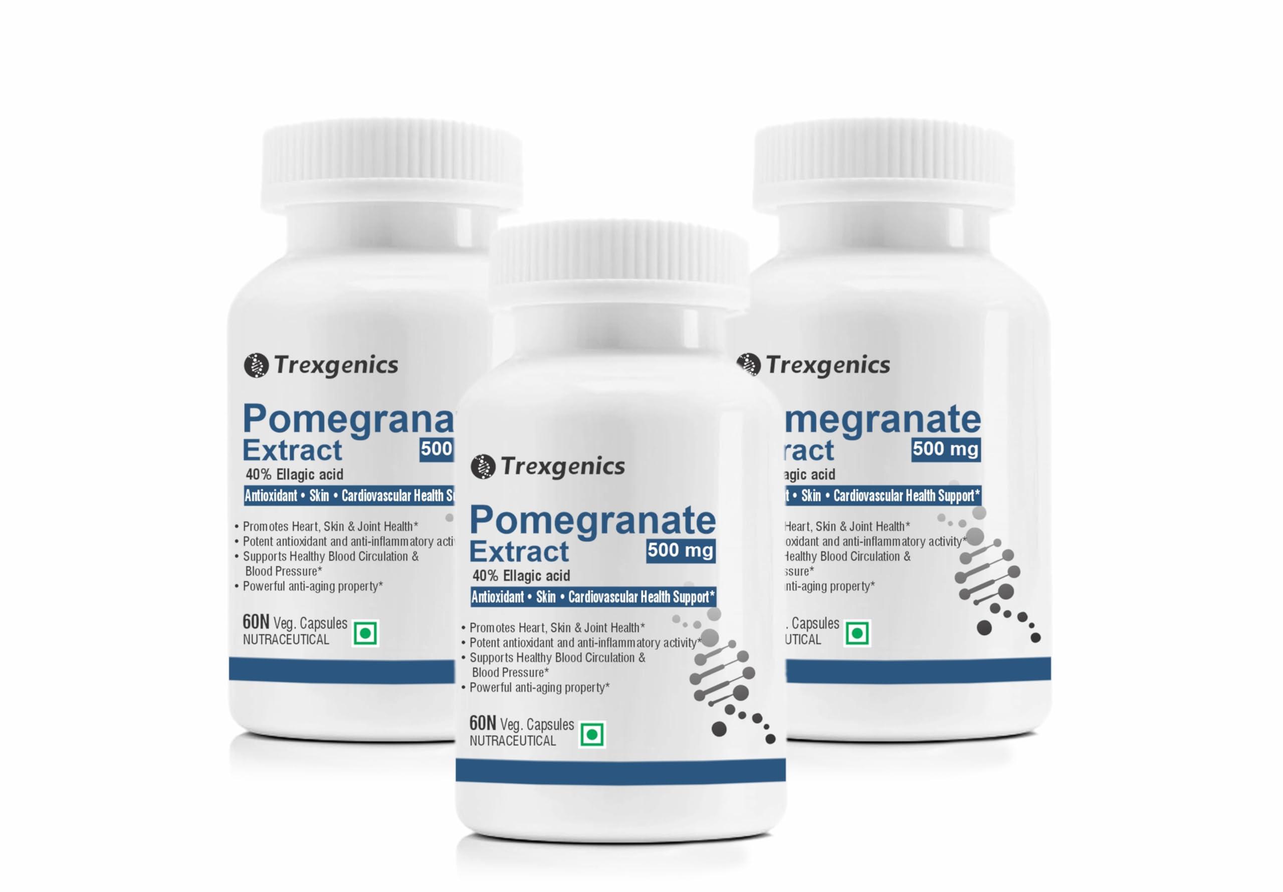 Trexgenics Trexgenics® POMEGRANATE (Bioactive 40% Ellagic acid) Seed Extract 500 mg Antioxidant, Skin Care, Blood circulation, Cardiovascular Health Support (60 Vcaps) (Pack of 3)