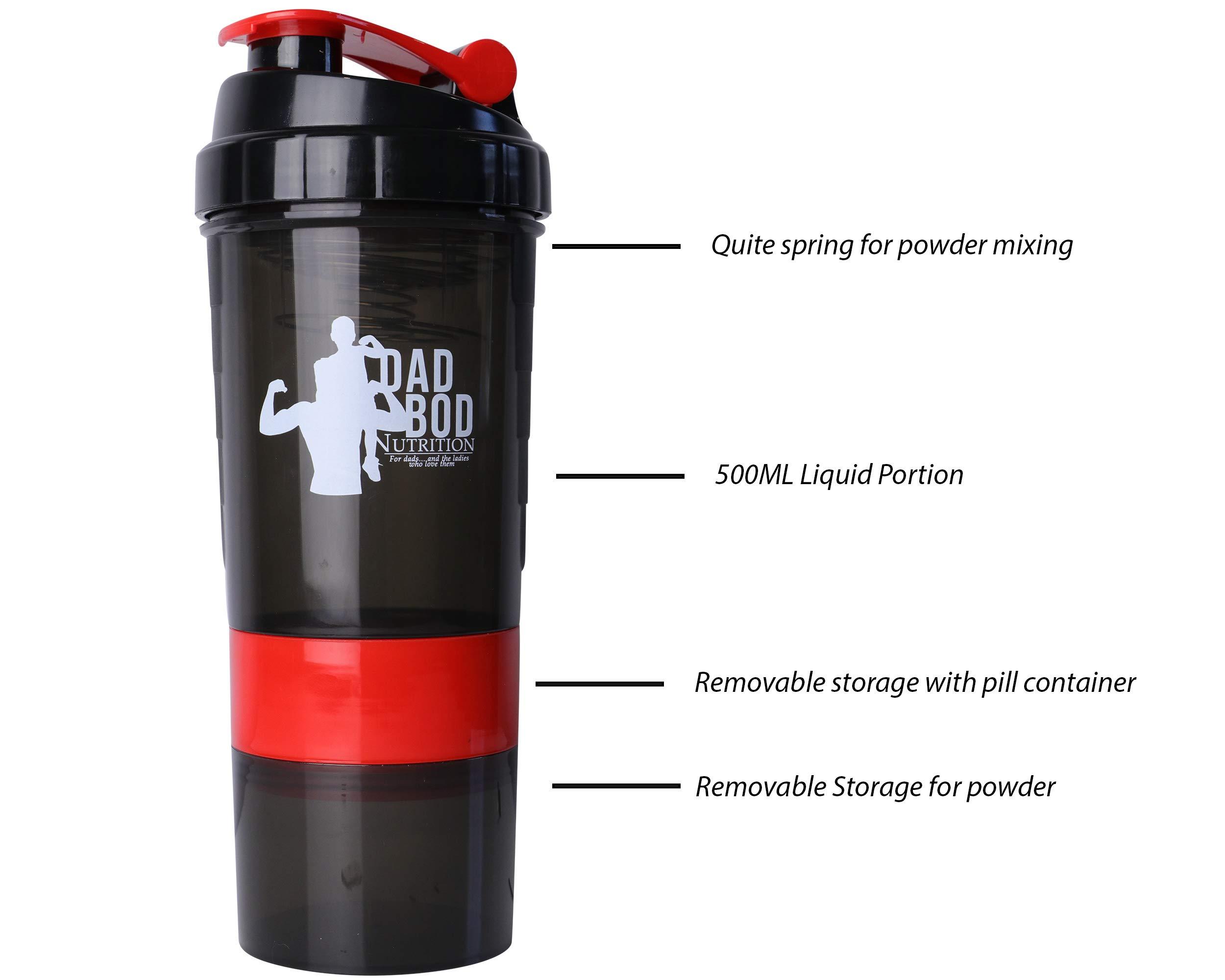Dad Bod Nutrition Dad Bod Nutrition Funny Protein Shaker Bottle 3 Part with Storage Red Trim White Label (Red Trim)