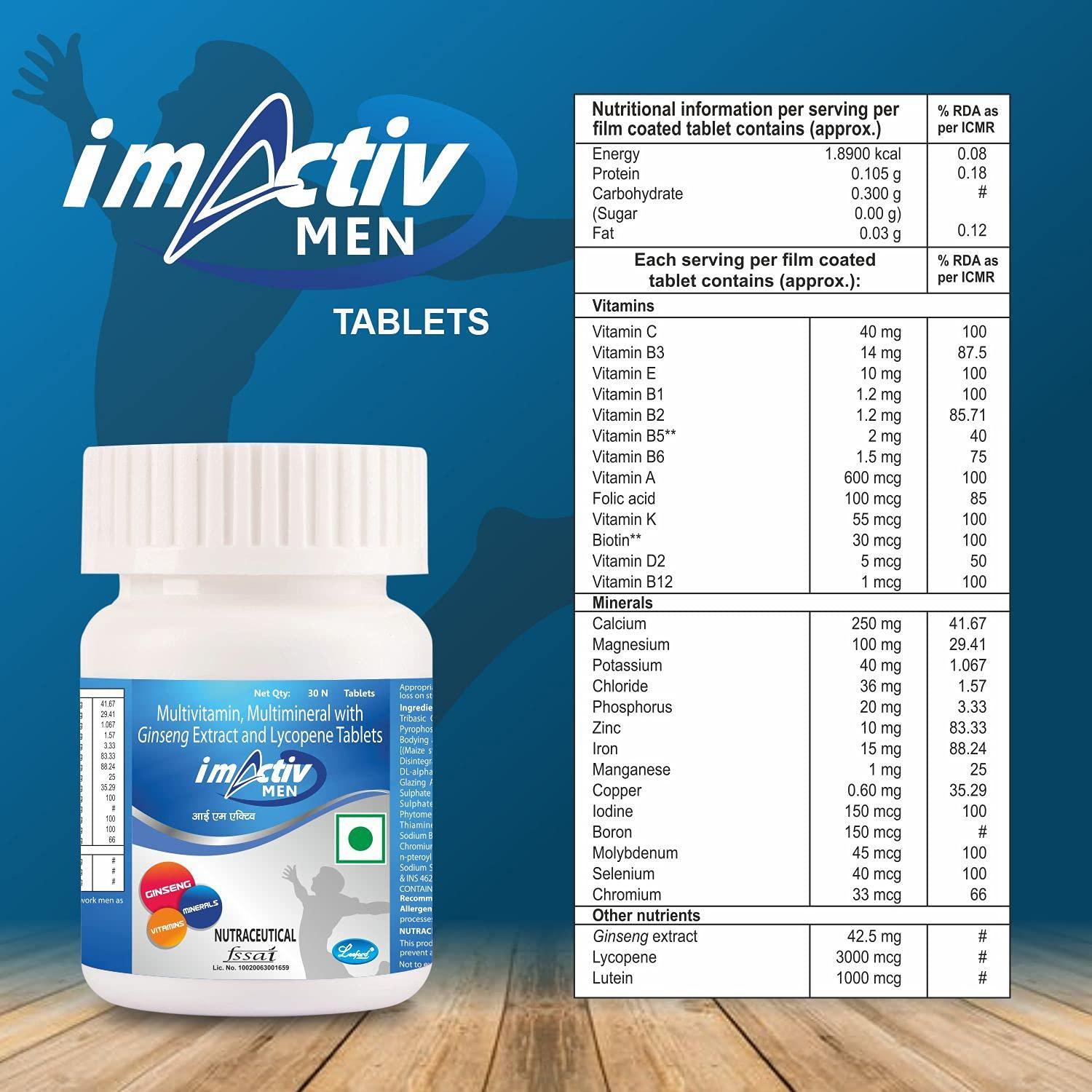 I M ACTIVE I M Activ Multivitamin Multimineral Tablets with Vitamin C, Vitamin E, Vitamin A, Protein, Ginseng Extract Helps in Maintain Body Weight, Immunity & Healthy Skin (Men, 30 Tablets)