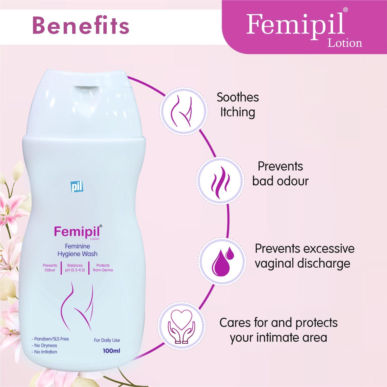 pil Pil Femipil Lotion | Intimate Wash for Women (100ml,Pack of 2) | Enriched with Vitamin E, Aloevera Extracts & Lactic Acid | Prevents Dryness, Itchiness & Irritation