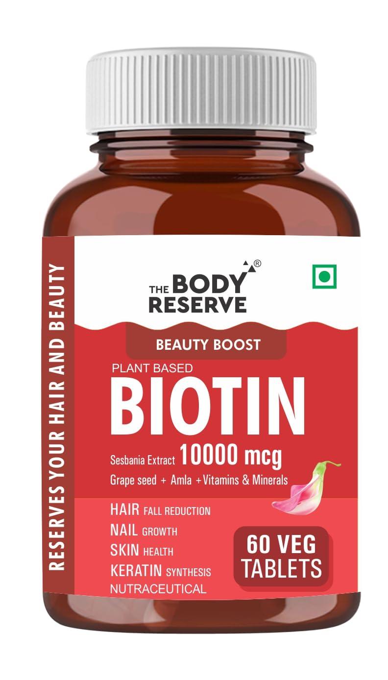 The Body Reserve The Body Reserve Plant-Based Biotin Tablets - 60 Veg Tablets, Biotin from Sesbania Extract with Amla & Grapeseed - Supports Hair, Skin, and Nails - For Men & Women