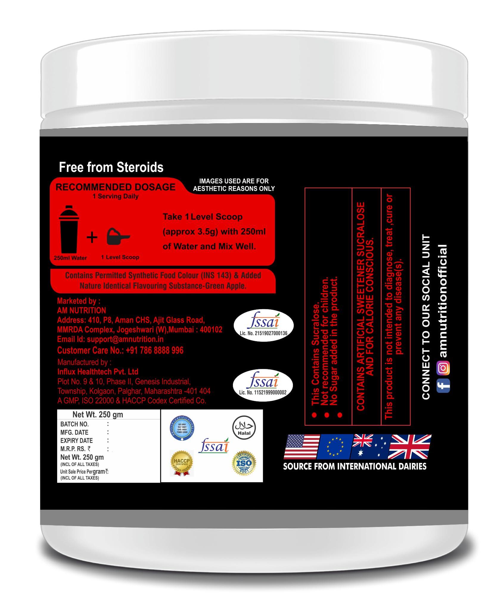 AM NUTRITION AM NUTRITION CREA-8 Monohydrate Creatine Powder |100% Creatine, 3000mg per serve | Supports Athletic Performance & Power | Green Apple Flavored, 71 Servings (250gm Pack)