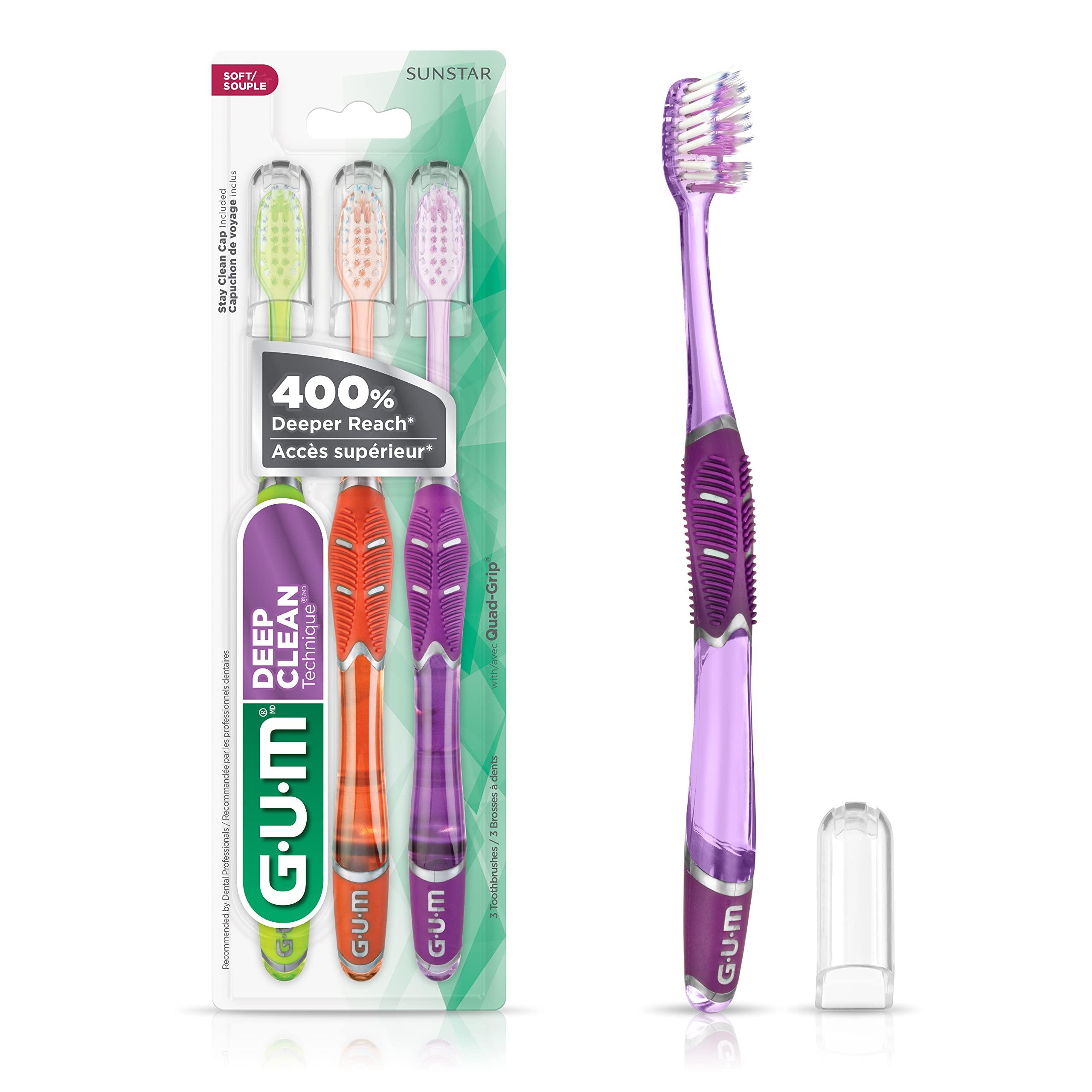 Gum GUM - 525E Technique Deep Clean Toothbrush with Quad-Grip Handle, Compact Head & Soft Bristles, 3 Count
