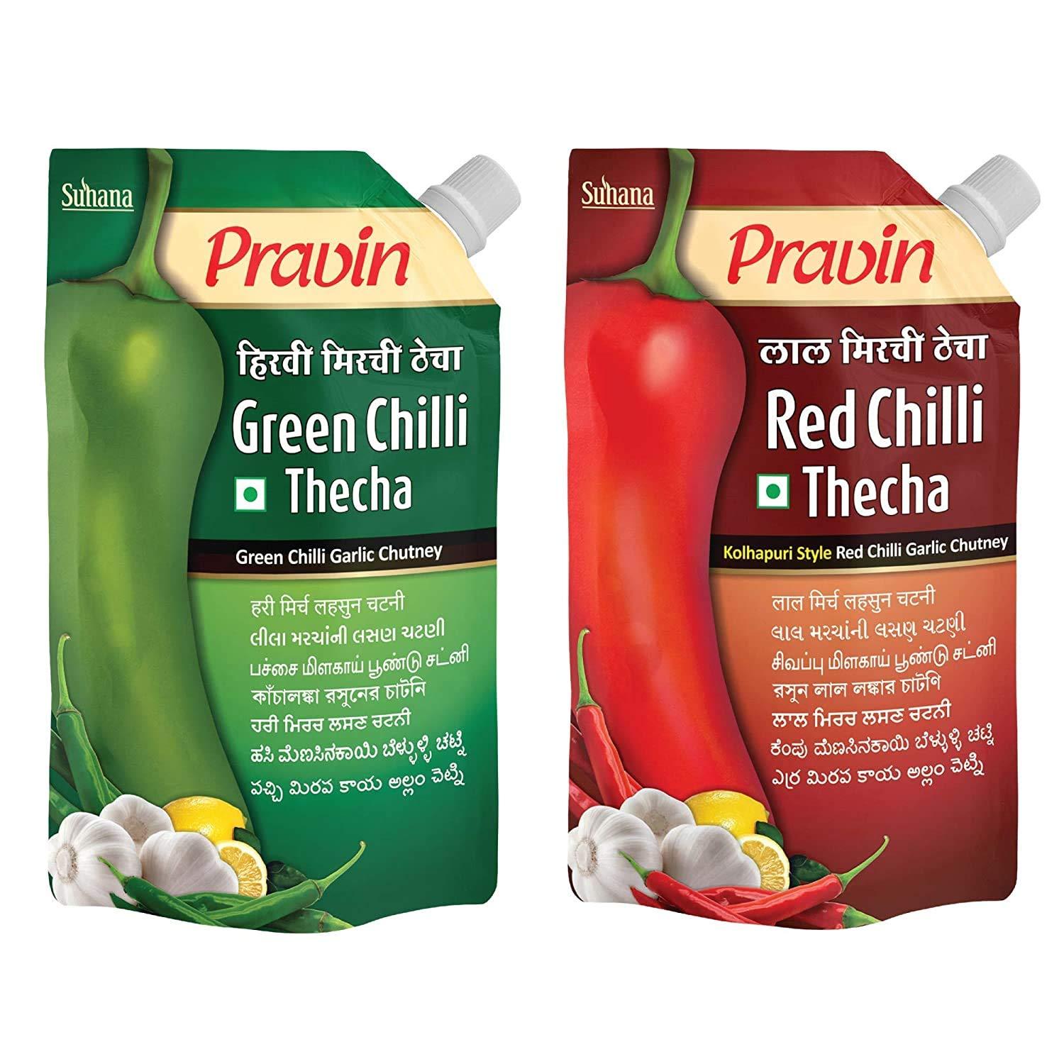 Pravin Pravin Red Chilli Thecha 100gx 2, Green Chilli 100g x 2 - Combo of 4