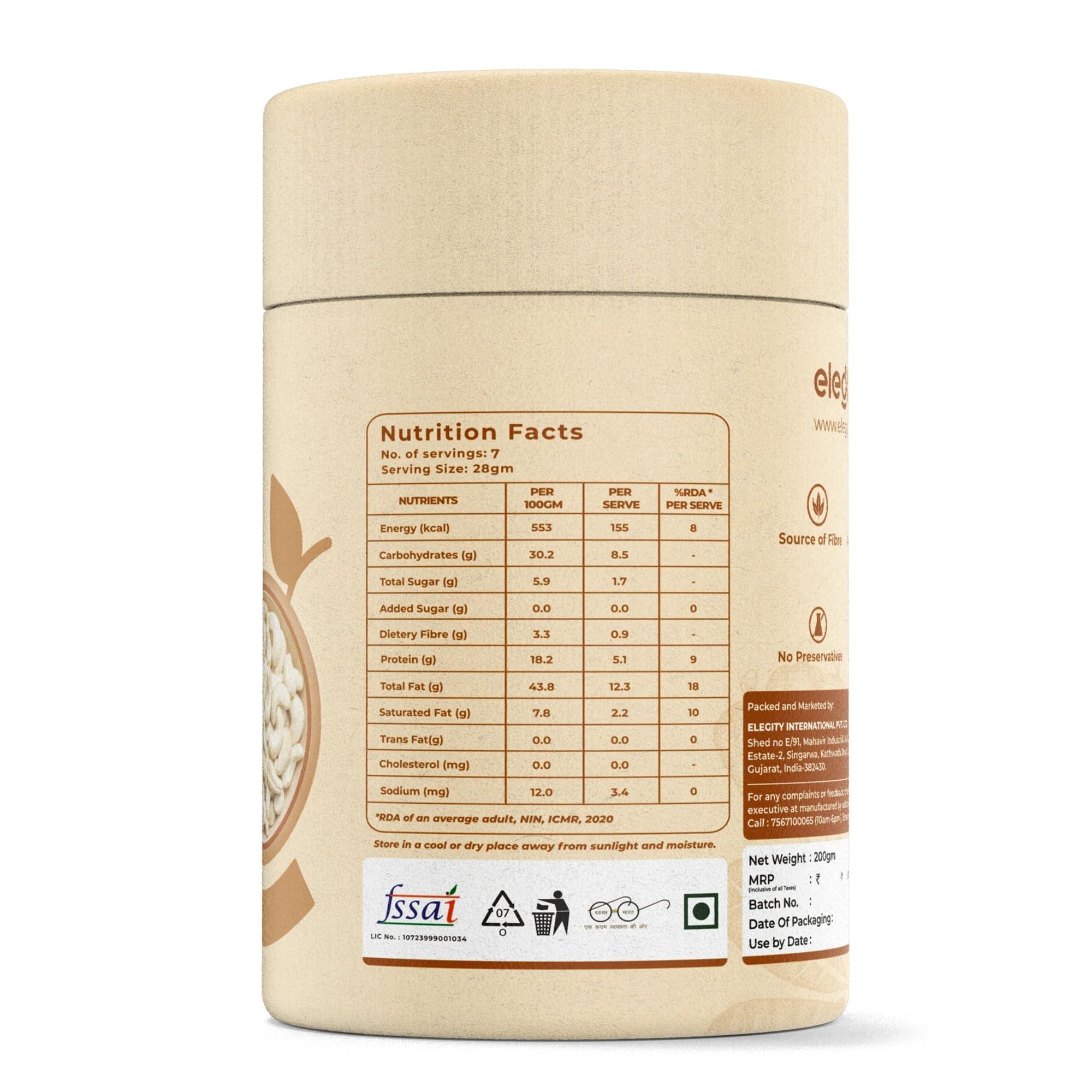 ELEGITY Elegity 100% Natural W210 Plain Cashew Papertube 200 gm | Whole Kaju - Nutritious, Delicious & Crunchy | No Added Preservatives in Dry Fruit | Source of Fibre, Rich in Protein