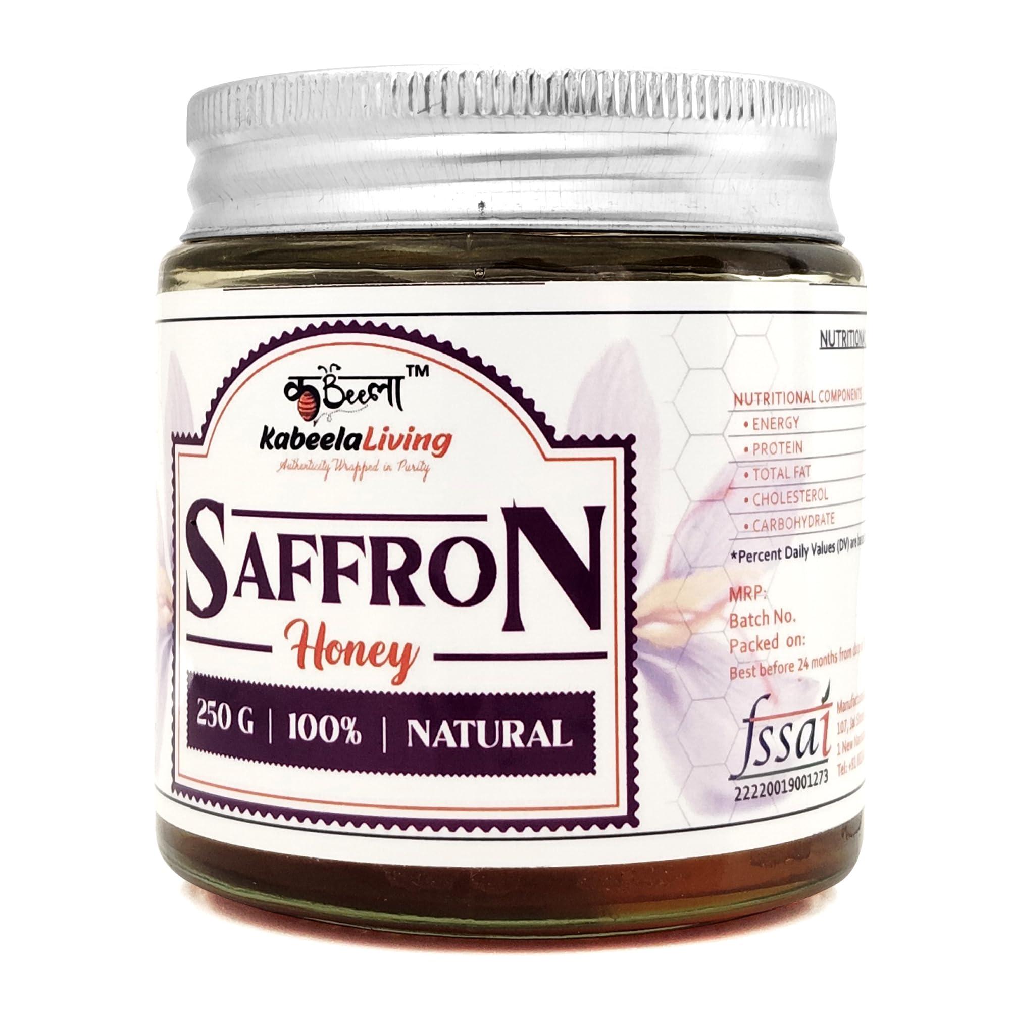 KABEELA LIVING Kabeela Living Saffron Honey, 100% Pure Kashmiri Kesar Honey 250g Reusable Glass Jar | Saffron Infused Raw Honey with Mongra Saffron Threads | Unprocessed Aravali Forest Wildflower Honey