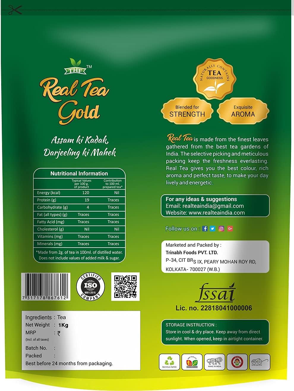 Real Tea THF Real Gold Tea Strong blend of Darjeeling Ctc long leaves | Rich & Quality Kadak flavourful Chai, 1 KG Pack
