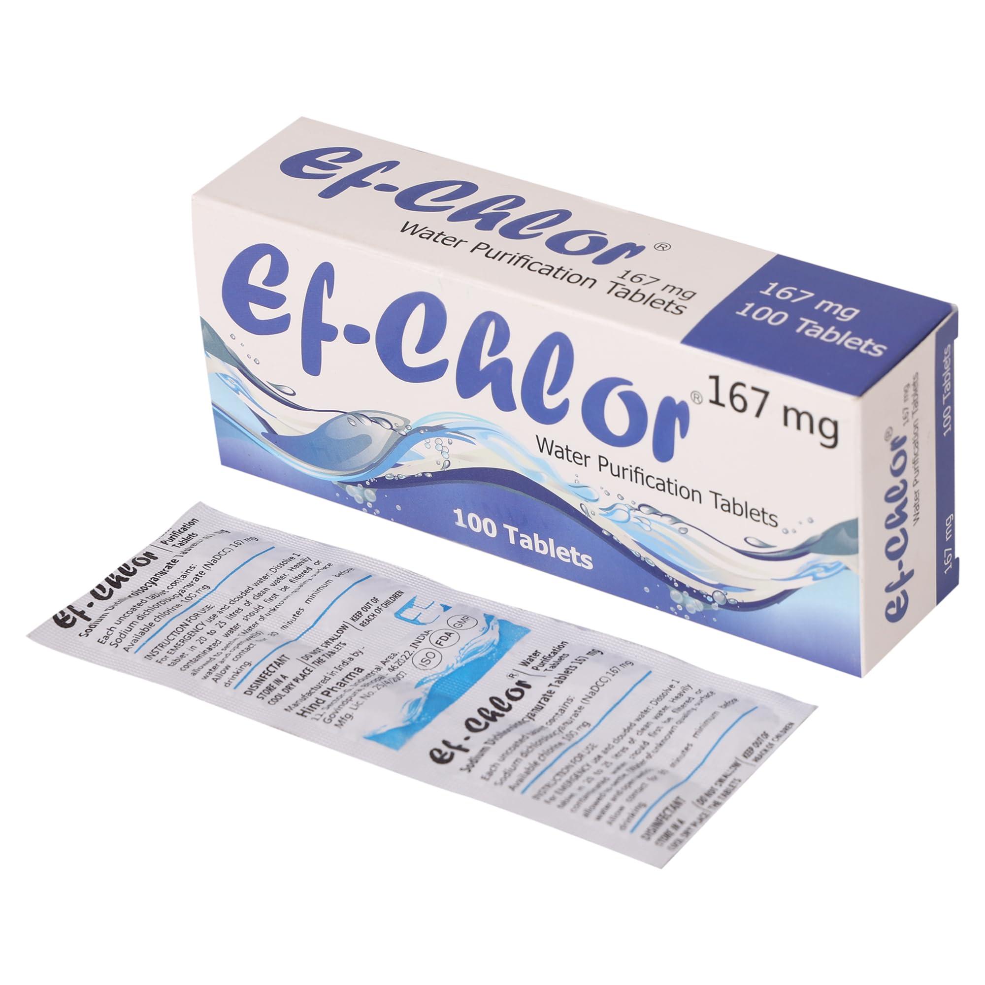Ef-Chlor Ef-Chlor 167 mg Water Purification Tablets/NaDCC Tablet / 100 Tablets Pack/Rapidly Effective Against Bacteria, Viruses, and Spores/Purifies 20 Liters of Drinking Water per tablet