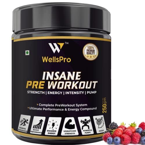 WellsPro Wellspro Insane Pre Workout 250g gym supplements for men Ultimate Performance & Energy Compound with Pump & Vascularity Amplifier, BCAA, Beet root & green tea (Mix Berry Flavor, 16 Servings)