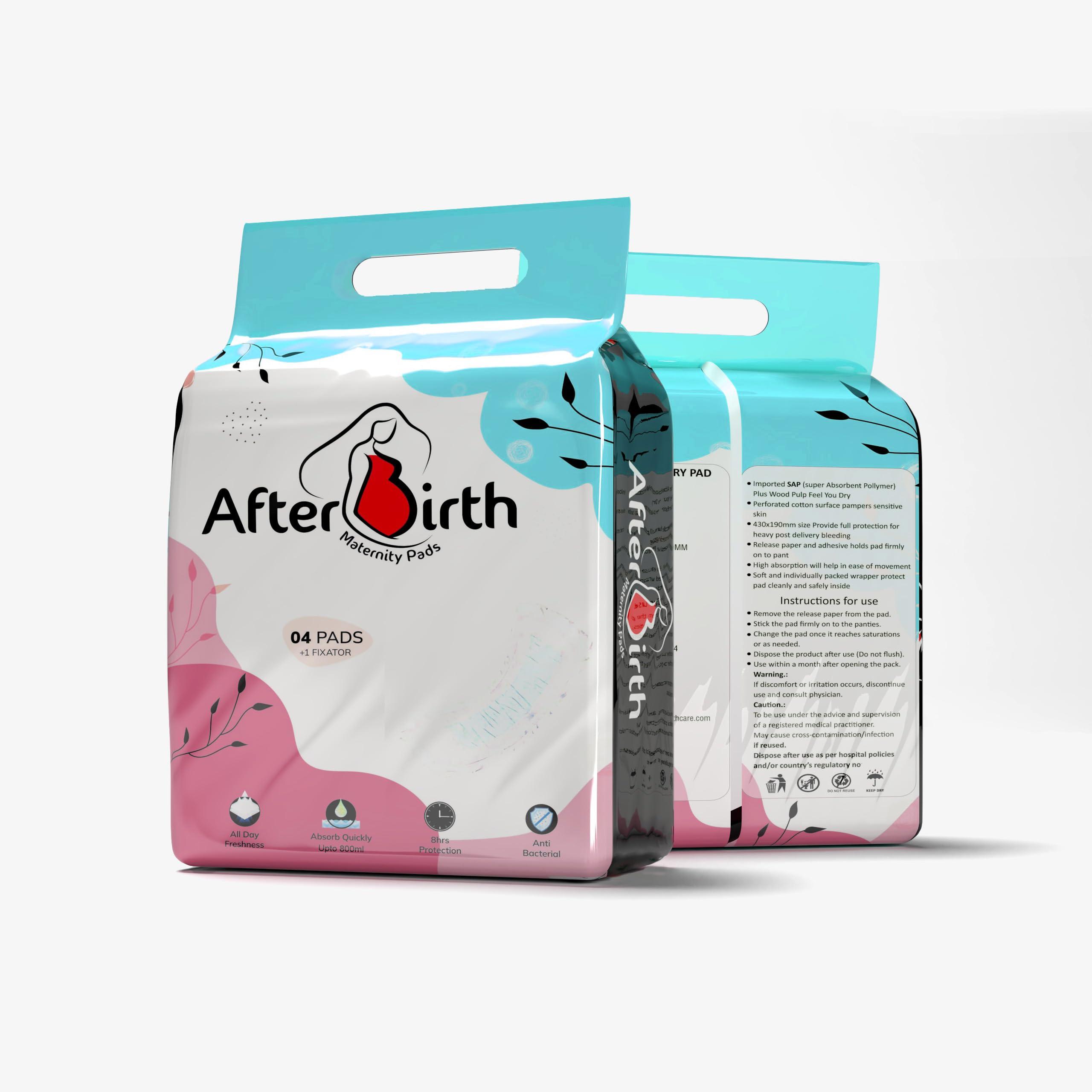 Afterbirth Afterbirth Disposable Maternity Pads | Set of 4 Pads and 1 Fixator | Super Absorption | Anti-Bacterial | Freshness Throughout the Day | Ultra Comfortable | Easy to Use | Comes with Free Disposable Fixator