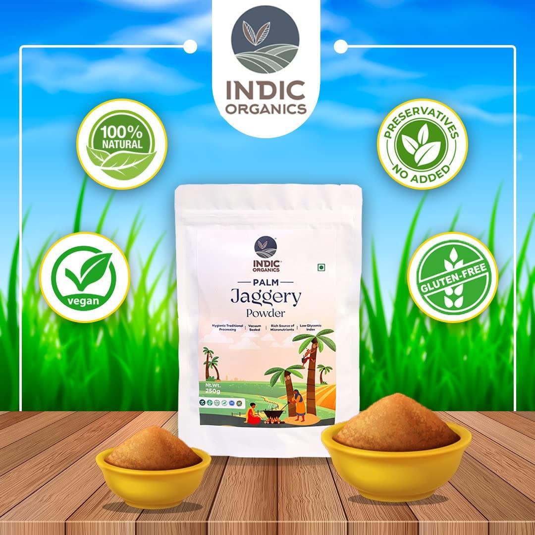 INDIC ORGANICS Indic Organics Palm Jaggery Powder | Made by Traditional Stirring Method | Chemical Free | Low Glycemic Index | Ole Bella, Karupatti or Palm Sugar | Healthy Sweetener for Tea or Coffee (500 Grams)