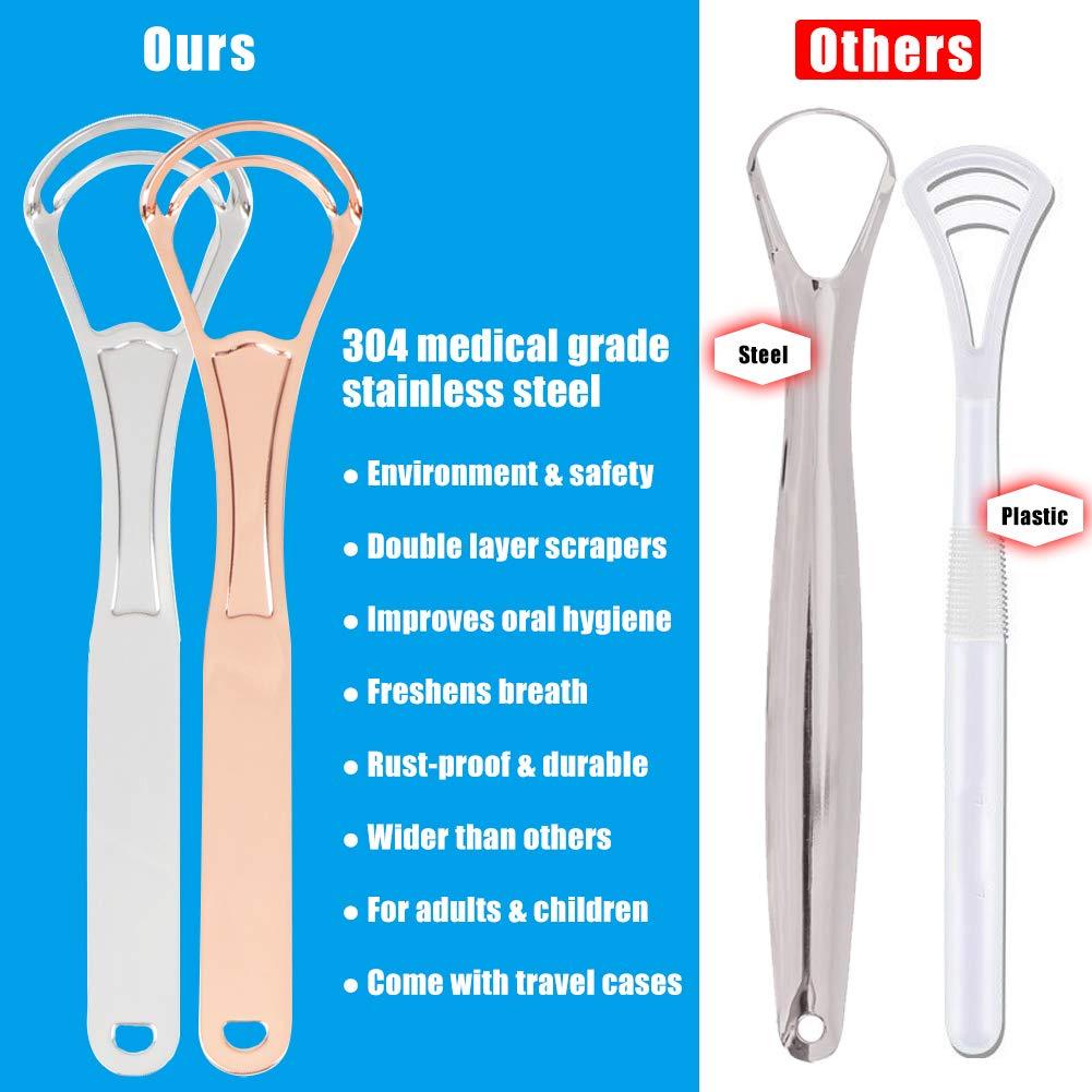 UUZIYOU Stainless Steel Tongue Scraper Cleaner, 2 Pack Fresh Breath Tongue Cleaner for Adults, Kids, Men and Women, Surgical Grade Metal Scraper for Healty Oral Care, Bad Breath Cure (with 2 Travel Cases)