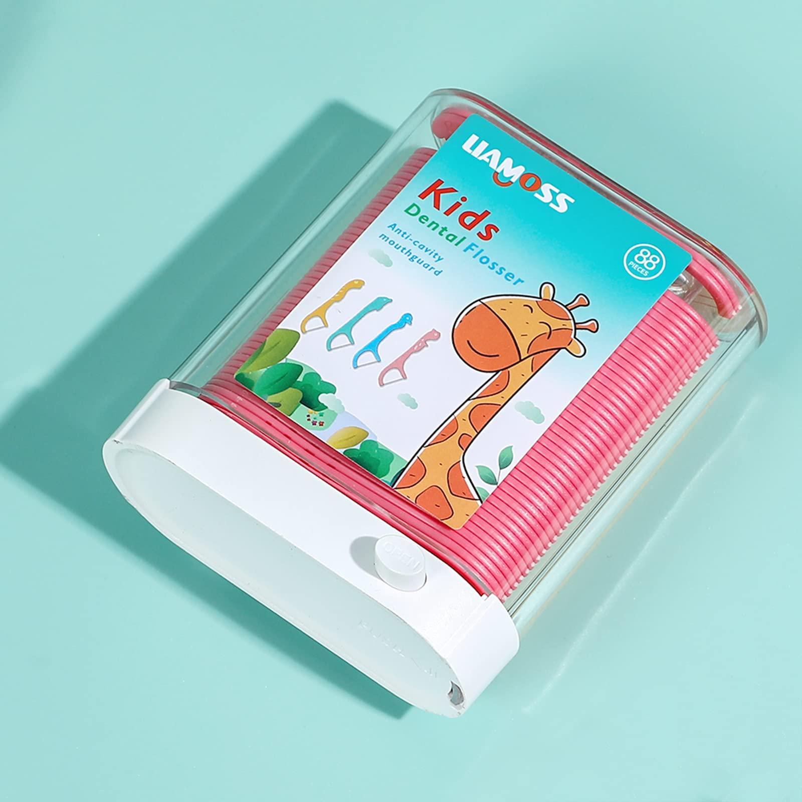 LIAMOSS Kids Flossers Dispenser,LIAMOSS Dental Floss Picks Pink+Yellow,Colorful Animal Shape Make Flossing Fun,Prevent Tooth Decay,1 Box 88 Count Clean&Hygiene,Ages 3+