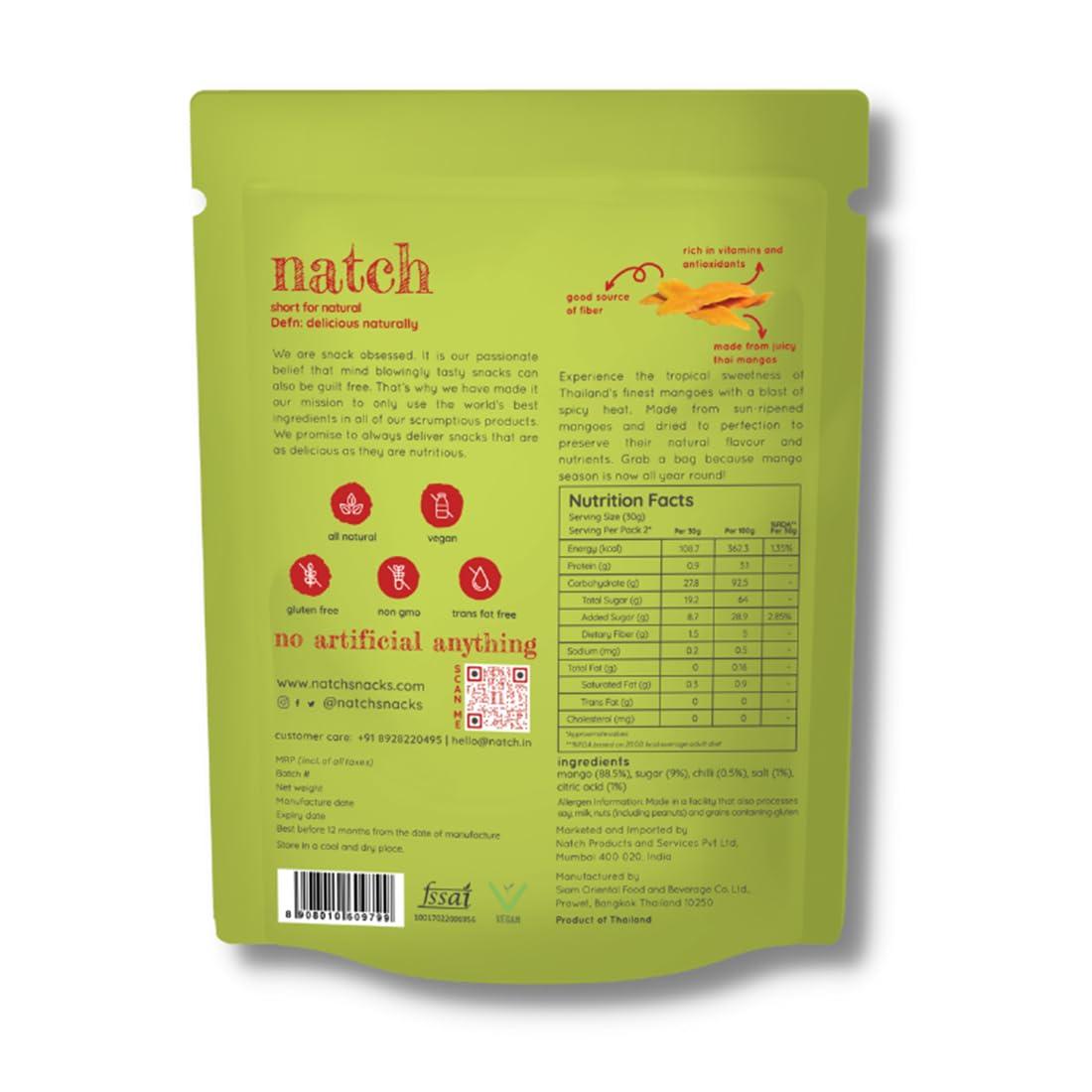 natch Natch Dried Thai Mango Slices, 100% All Natural, Vegan, Gluten Free, No Artificial Preservatives, Trans Fat Free, Rich in Antioxidants, Bare and Chili Flavour, 60gm each (Pack of 2)