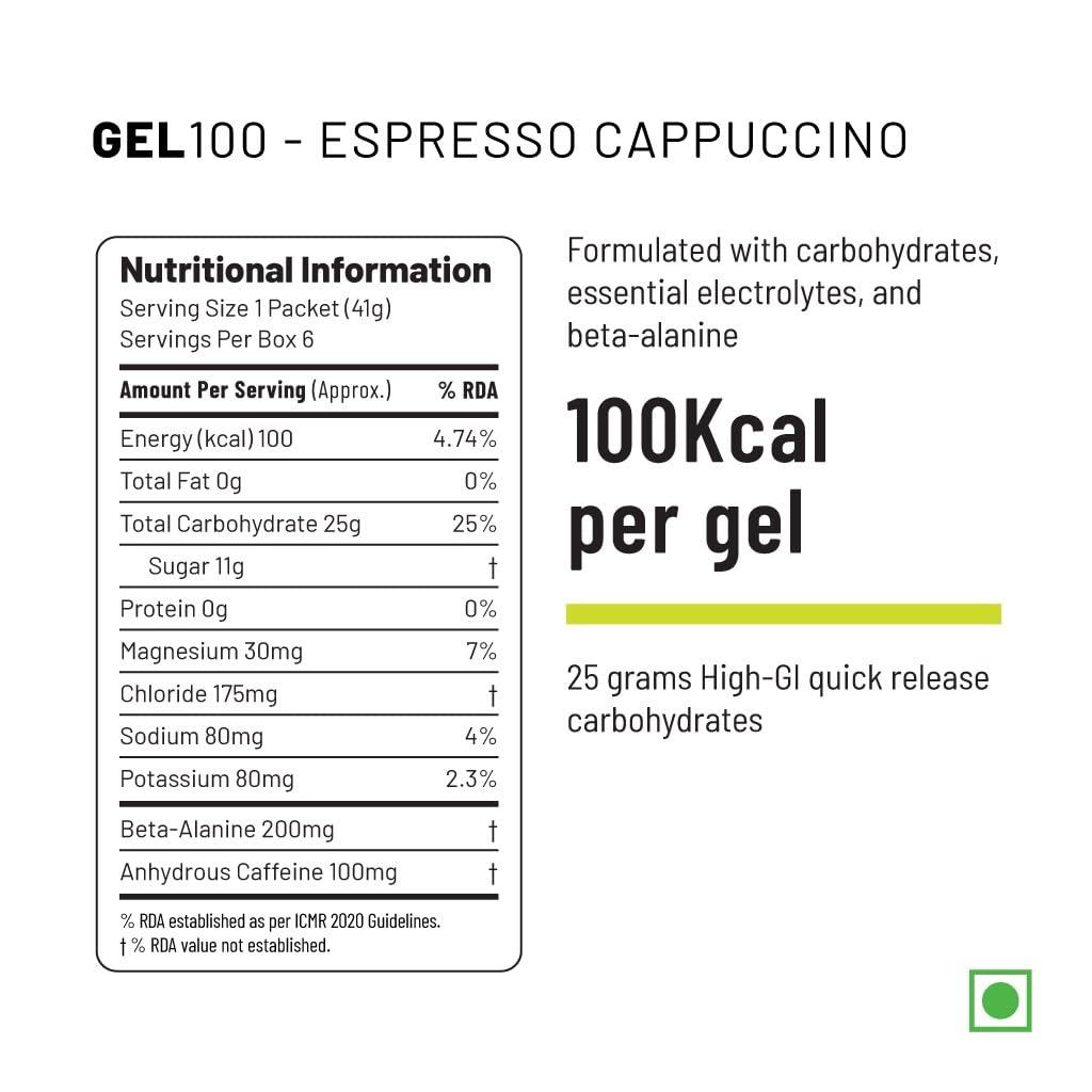 Unived Unived Gel 100 - Vegan Energy Gel for Endurance Athletes Runners & Cyclists - 100kcal - Espresso Cappuccino - 100mg Caffeine - Pack of 6