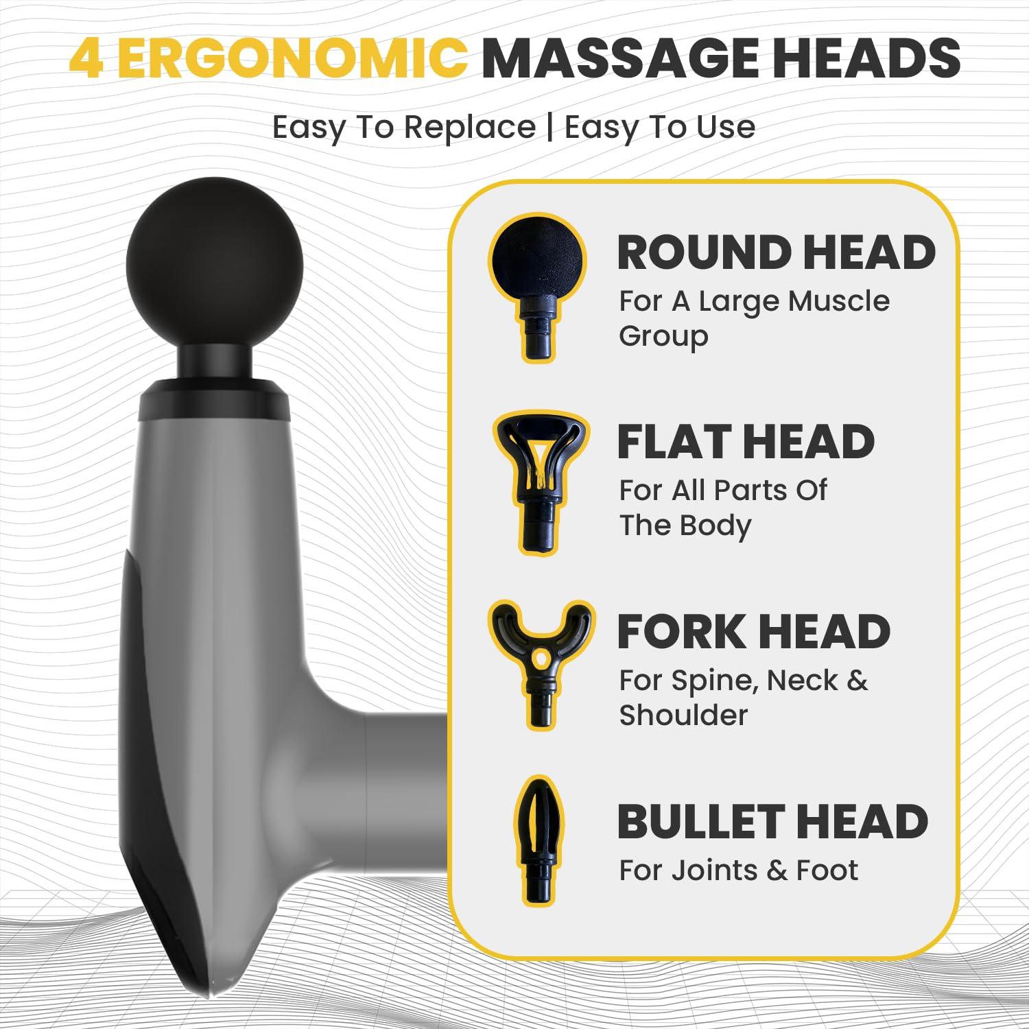 The Cube Club The Cube Club Deep Tissue Massage Gun with 4 Soft Massage Heads Portable Full Body Pain Stress Relief Percussion Muscle Massager with 3200 RPM Powerful Bi-Directional Motor for Men & Women (Grey)