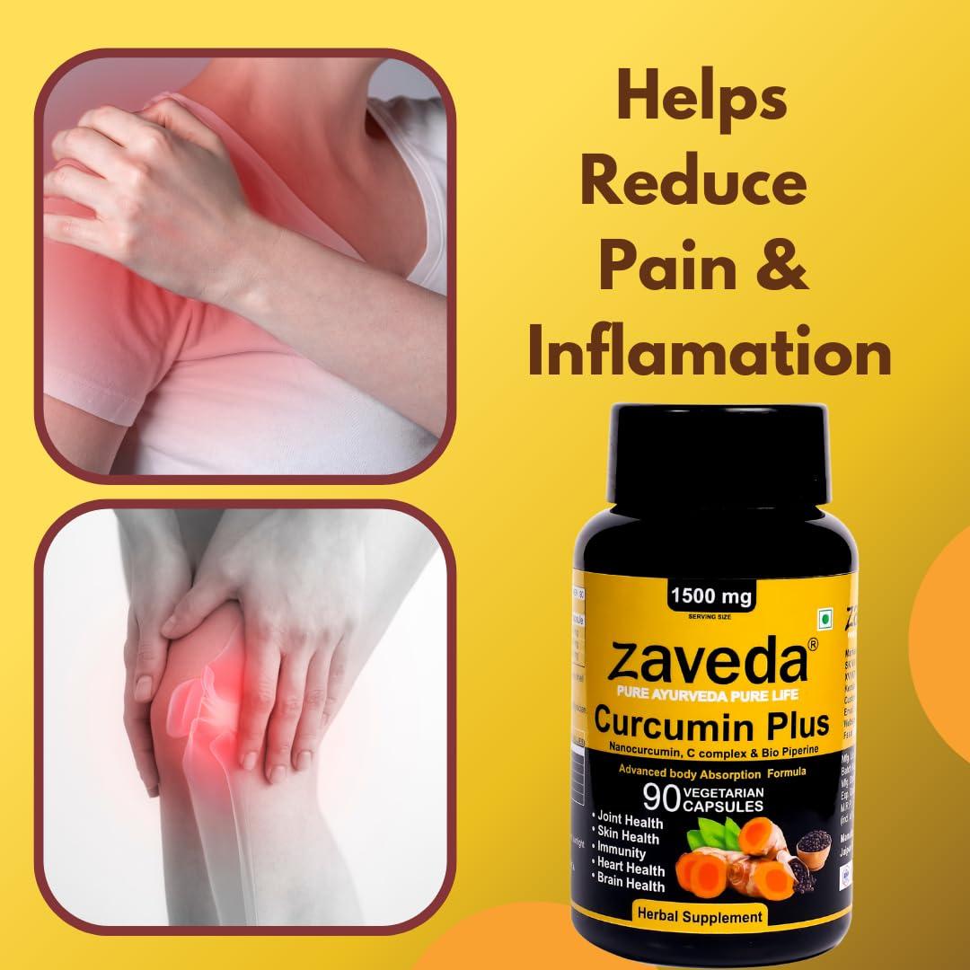 Zaveda ZAVEDA Curcumin Plus 1500mg | Pure Nano Curcumin with Biopiperine and Curcumin complex | 90 Veg.Caps | Joint Support | Immunity | Even Skin tone | Antioxidant & Anti-inflammatory | Fast absorption