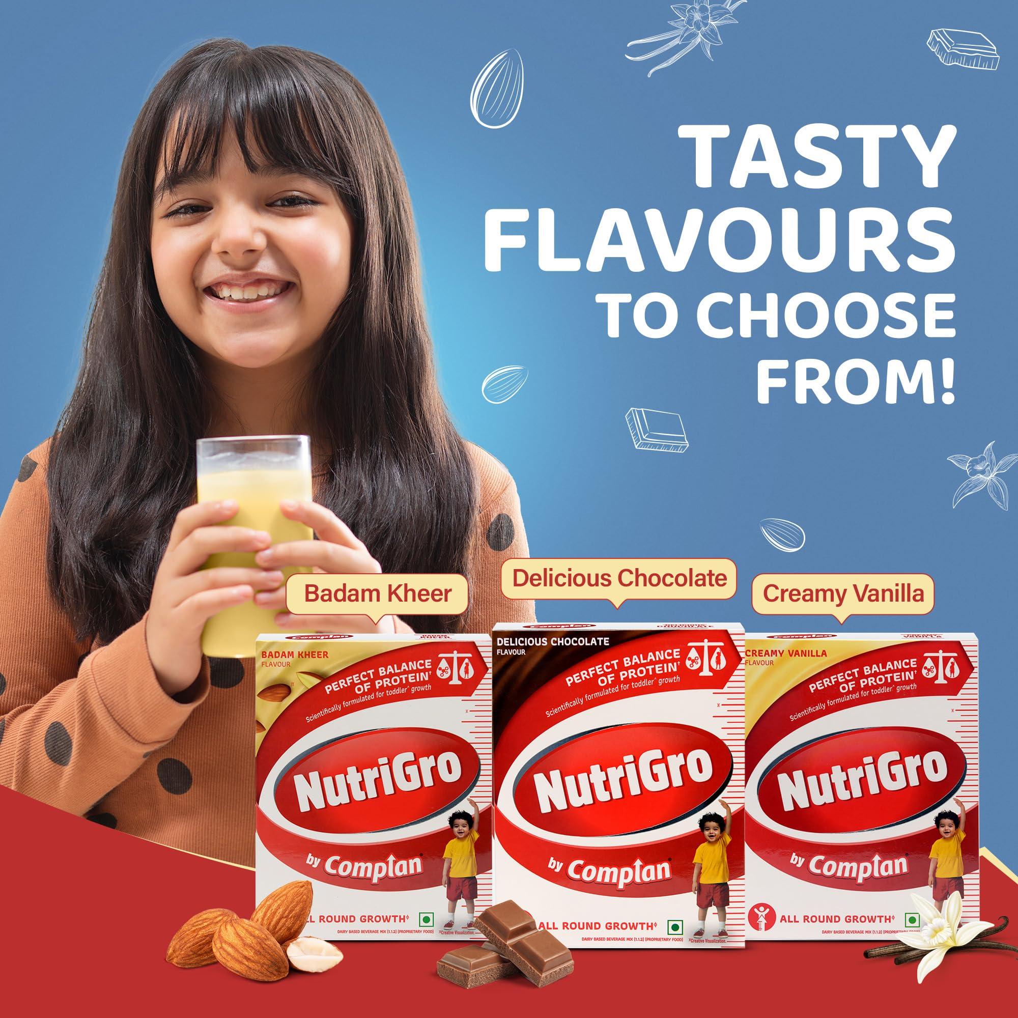 NutriGro By Complan Complan Nutri Gro Nutritious Drink For Kids (2 To 6 Years), Milk Based Drink With 33 Essential Vitamins & Minerals (400G Pack Of 1) - Delicious Chocolate, Powder
