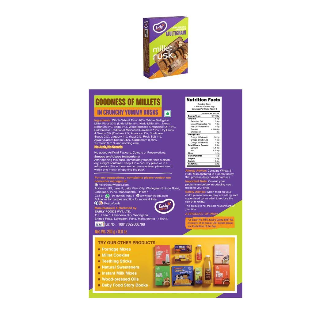 Early Foods Early Foods - Pack of 3 : Ragi, Jowar & Multigrain Rusks | Millet Rusk Sugar Free | No Maida Rusk | Rusks for Kids | Millet Toast Biscuits Rusk 230g x 3