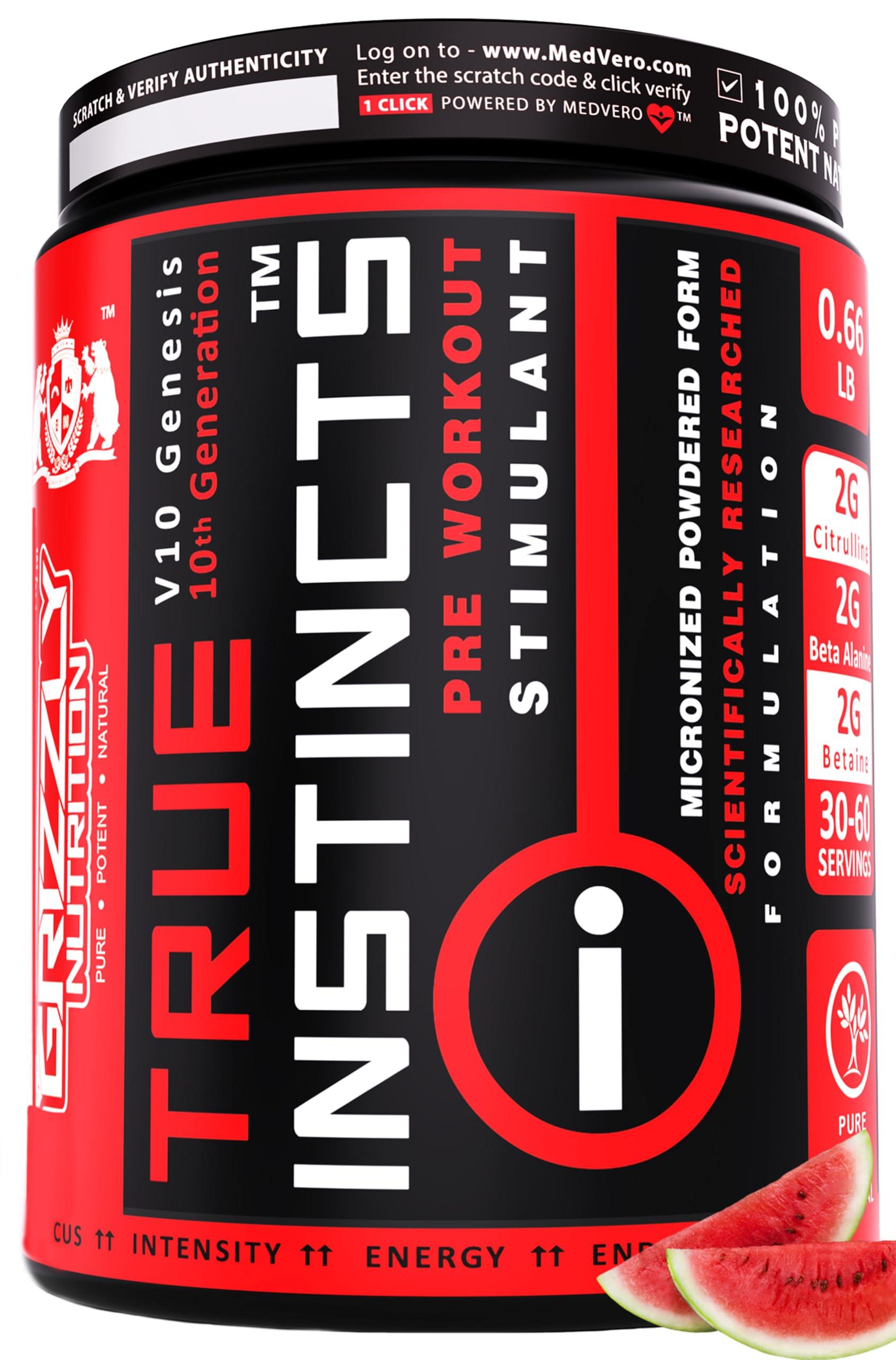 Grizzly Nutrition Grizzly Nutrition True Instincts Pre Workout (300gms Powder, Watermelon Tequila Flavour)- V6 Genesis-/6th generation/ upto 60 Servings, citrulline, beta alanine, theanine +13 performance boosters