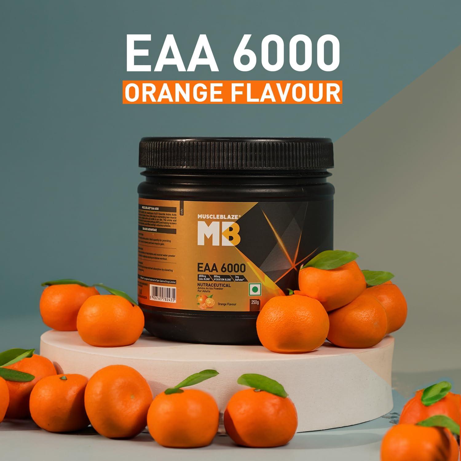 MuscleBlaze MuscleBlaze EAA 6000, 6000mg EAAs Blend Powder (Orange Flavour, 250g, 25 Servings) | 800mg Hydration Blend & 5mg Bioperine