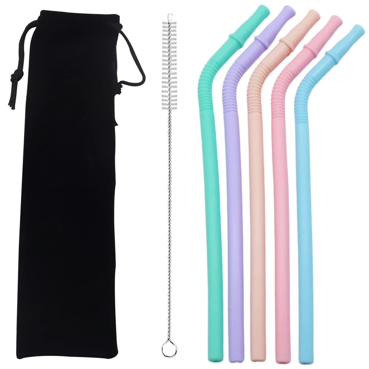 HASTHIP HASTHIP® 5Pcs Silicone Straws, Reusable Silicon Straws, Colorful Flexible BPA Free Foodgrade Silicon 8.4Inch Portable Straws for 20 oz 30 oz Water Glasses with Cloth Bag and Cleaning Brush