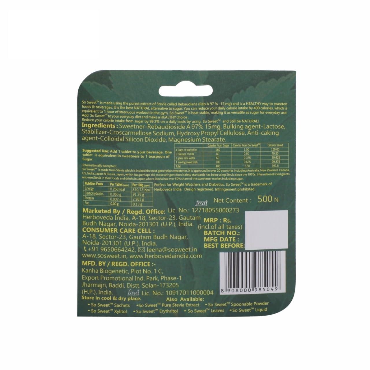 So sweet So Sweet Stevia 500 Tablet Sugar Free Natural Zero Calorie Sweetener (Pack of 10)