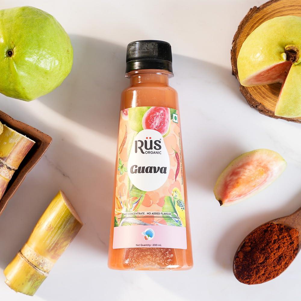 Rus Organic Rus Organic Guava Juice - Cold Pressed Juice - Pack of (8 x 200 ml) Bottle -Rich In Vitamin C - Natural Antioxidants | No Added Sugar, No Concentrate & No Flavors | 100% Pure Fruit Juice Pack