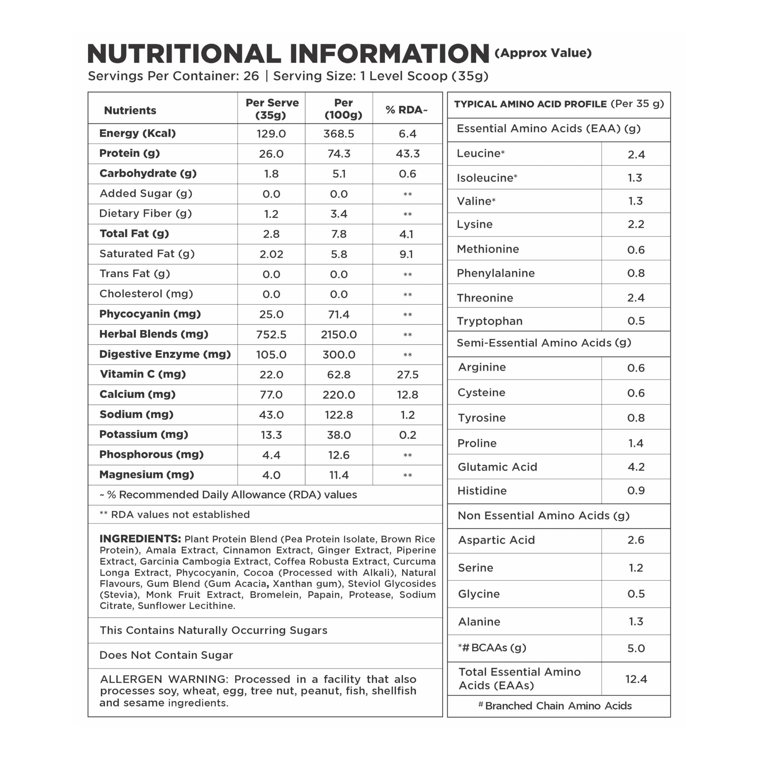 Bolt Bolt Biozyme Plant Protein | Vegan Protein with Superfood PHYCOCYANIN and Ayurvedic Herbs | Complete Amino Acid Profile for muscle Support and Recovery | 2Lb/32oz, 26 Servings | Piedmont Chocolate