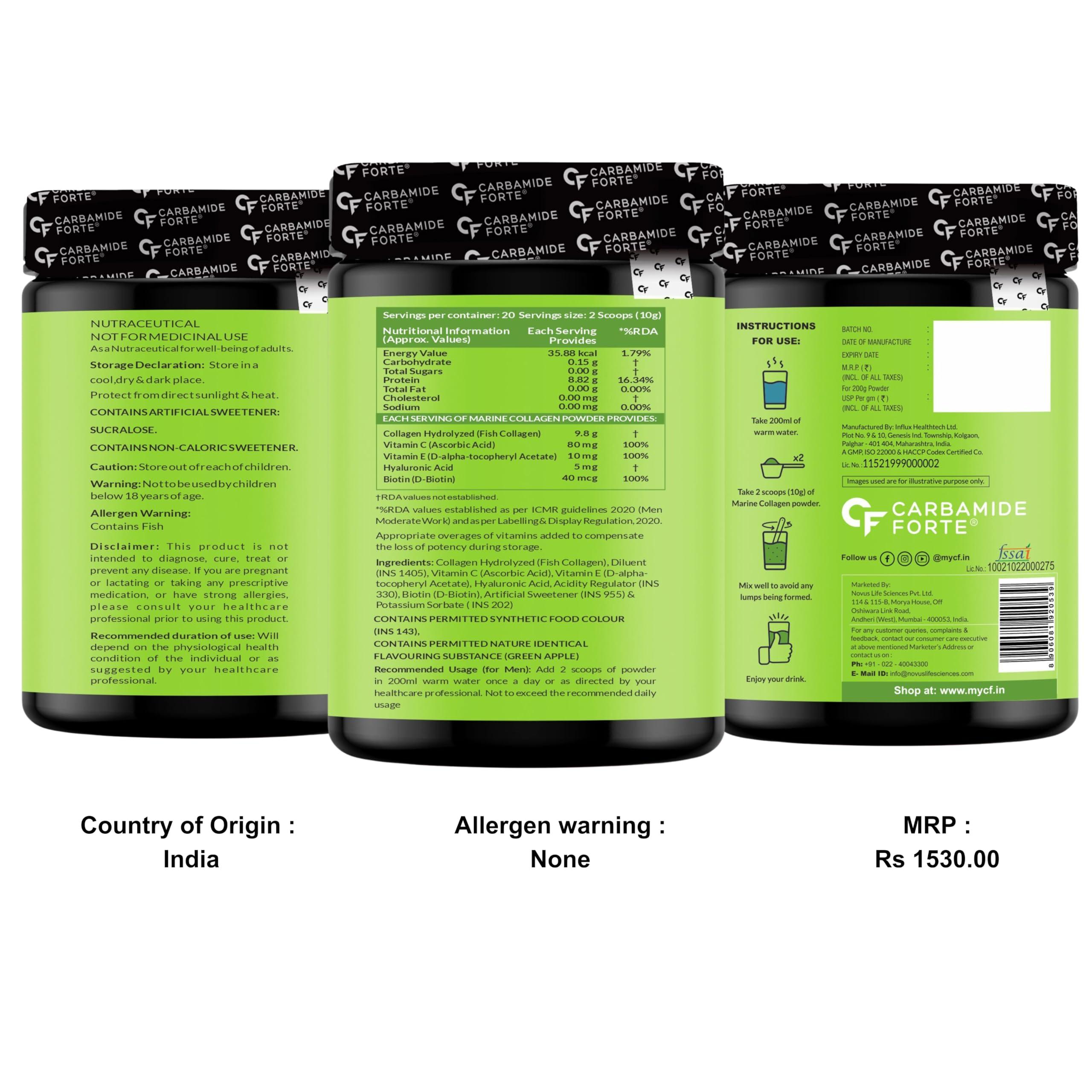 Carbamide Forte Carbamide Forte Marine Collagen Powder Supplement - for Skin Fish Collagen Powder for Women & Men - 200g Powder - Green Apple Flavour