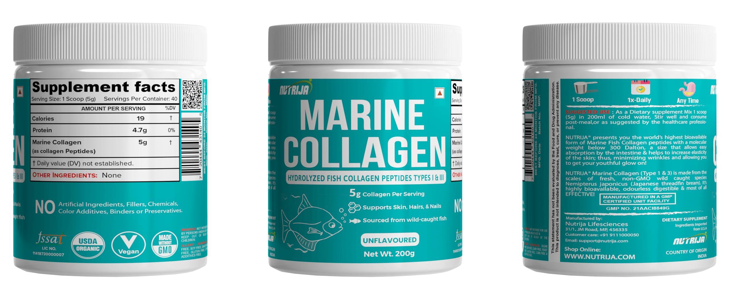NutriJa NutriJa Marine Collagen Peptides Hydrolyzed Fish Collagen - Highly Bioavailable - 200g | Clinically Proven Ingredient with 95% Protein, Supports Healthy Skin, Hair, Nails, Bone & Joint -Unflavoured