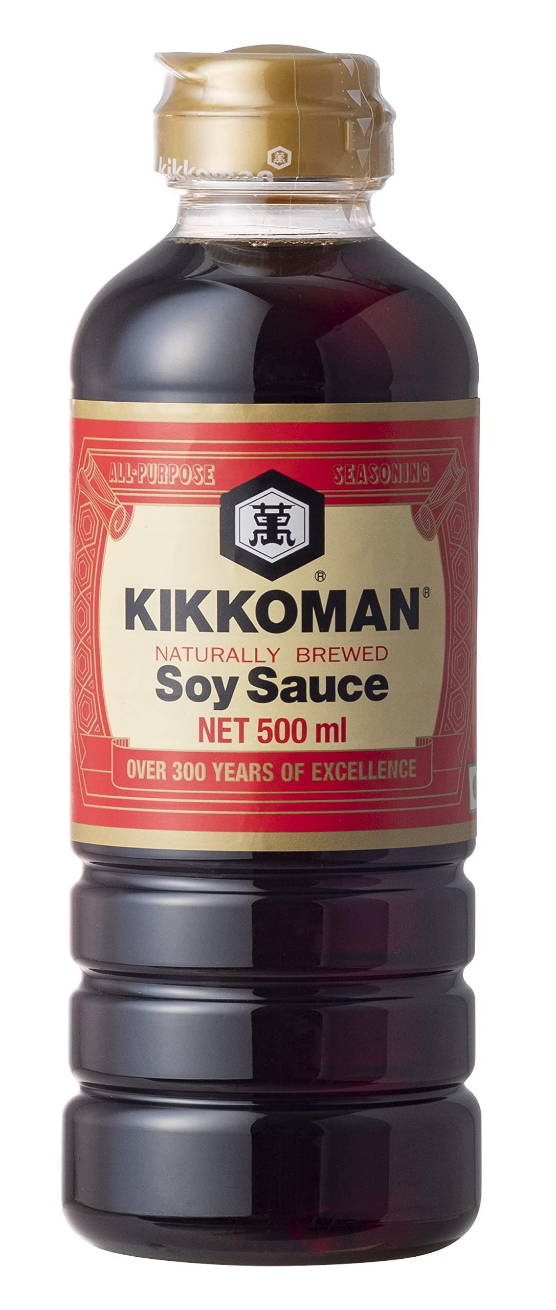Kikkoman Kikkoman Naturally Brewed Soy Sauce - 500ml | Made in Japan, All Purpose Seasoning - 4 ingredients- Soy Beans, Salt, Water, Wheat | Vegetarian, No Added Colour or Preservatives