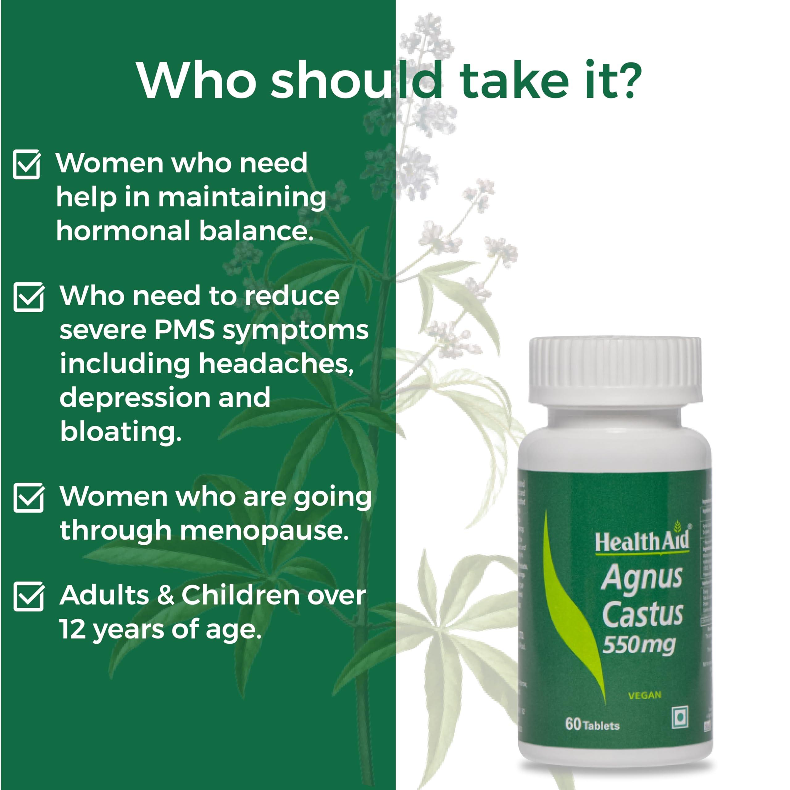 Health Aid HealthAid Agnus Castus - 180 Tablets | Manages Irregular Periods, PCOS/PCOD Symptoms & Hormonal Imbalance | Supplements for Women With Agnus Castus | Helps ease menopausal symptoms |