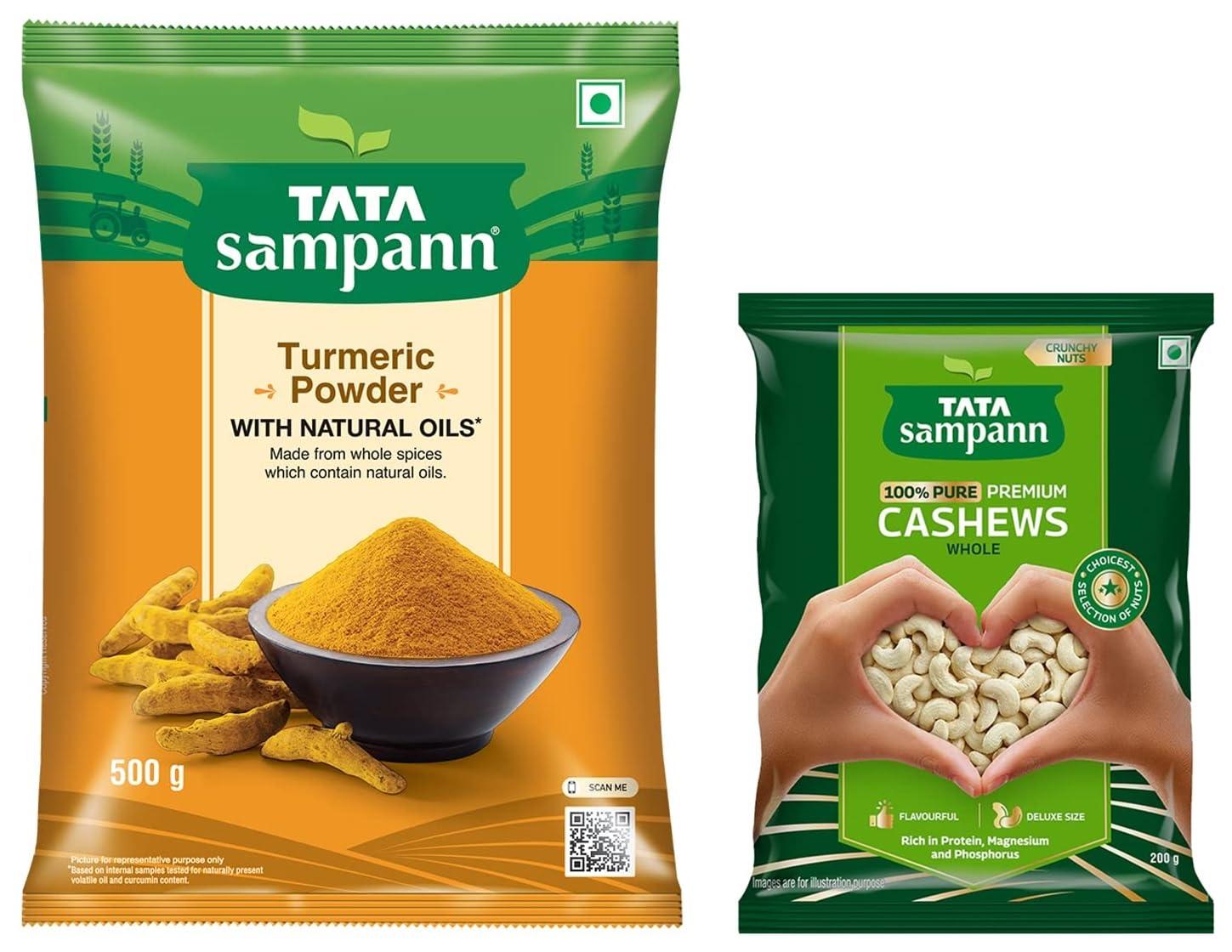 Tata Sampann Tata Sampann Pure Cashews Whole | Kaju | Rich in Protein, Magnesium, and Phosphorus | Hand-picked Nuts & Dry Fruits | 200g & Tata Sampann Turmeric Powder With Natural Oils, 500g