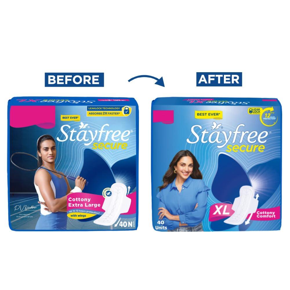 Stayfree Stayfree Secure xl | Cottony Soft Sanitary Pads for Women | With LeakLock Technology | Odour Control | Absorbs upto 100% fluid | Up to 12 Hours of Protection | 40 Pads (Pack of 2)
