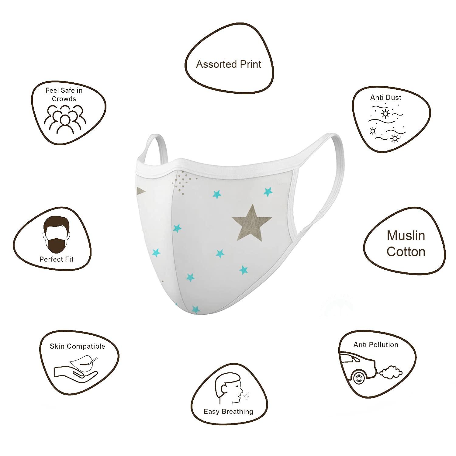 Linenaffairs Pure Muslin Cloth Mask Washable Fabric Reusable Light Weight & Comfortable Multi Printed 4 layer Men and Women (Assorted Designs, Pack of 50)