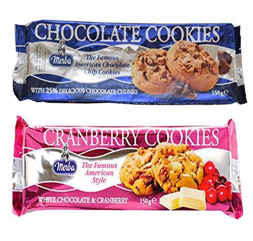 Merba Merba Chocolate Chip Cookies (25% chocolate) 150g & Merba White Chocolate & Cranberry Cookies 150g (Pack of 2)