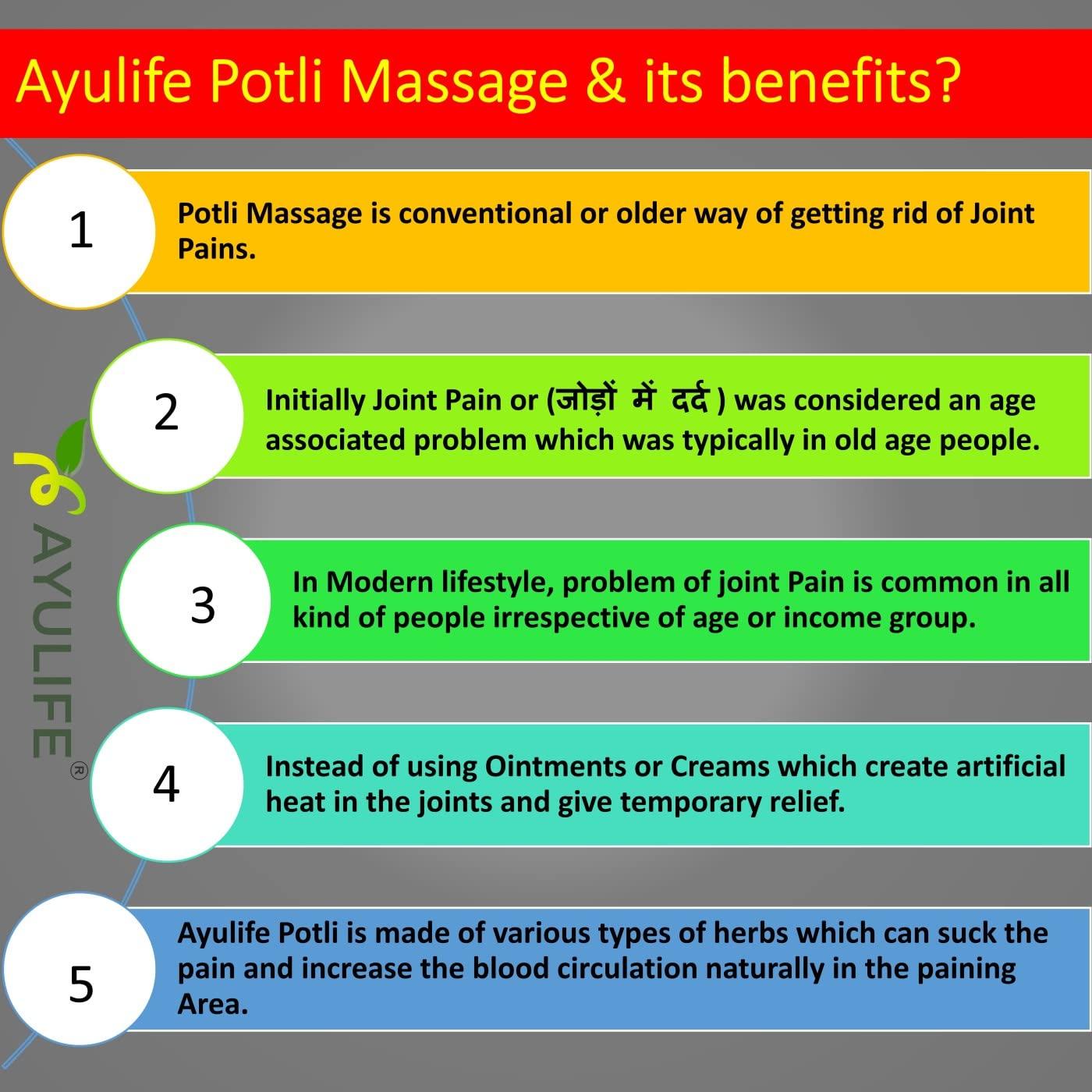 Ayulife Ayulife Ayurveda Potli Massage and Ayurveda Pain Relief Oil Combo Pack, Easy to use, Kit usable for 20 massages Suited for Pain in Lower Back, Neck, Cervical, Sciatica, Lumber (Weight 265 gram)