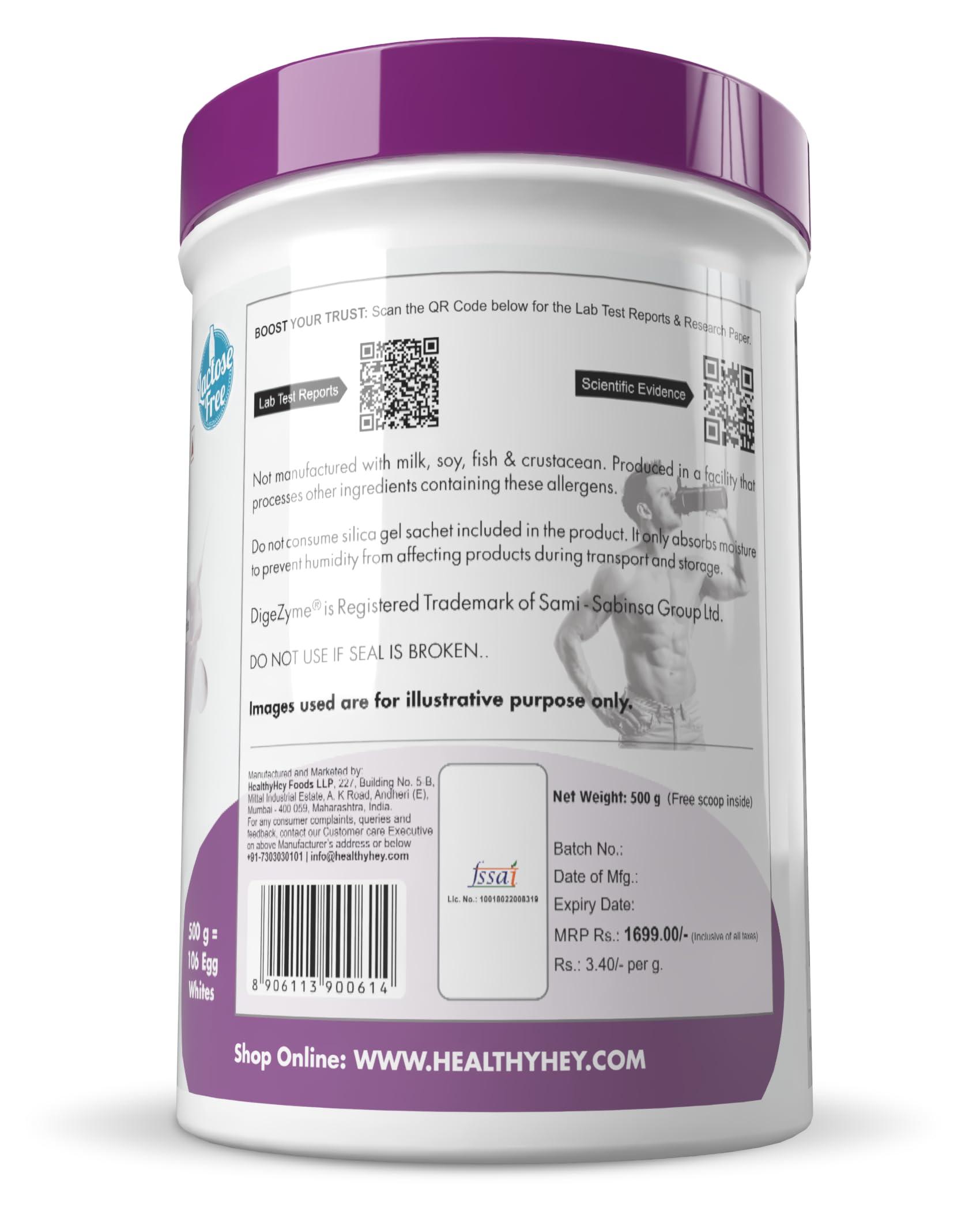 HealthyHey Nutrition HealthyHey Nutrition 100% Egg White Protein - Instant Mix - 80% Protein - Non GMO & Lactose Free - 500g (Unflavoured), 15 Servings (Pack of 1)