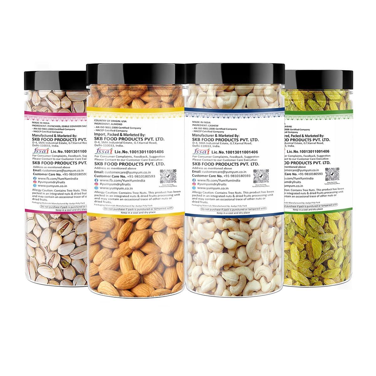 Yum Yum YUM YUM Premium Daily Needs Fresh and Healthy Dry Fruits Combo Pack 1Kg (Almonds 250g, Cashews 250g, Pistachios 250g & Kishmish Raisins 250g) Jar Each