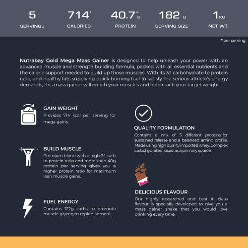 Nutrabay Nutrabay Gold Mega Mass Gainer Powder - 1kg, Rich Chocolate Creme | 100% Veg | 40.7g Protein, 122g Carbs, 714 Calories | Muscle Building & Weight Gainer Supplement for Men & Women