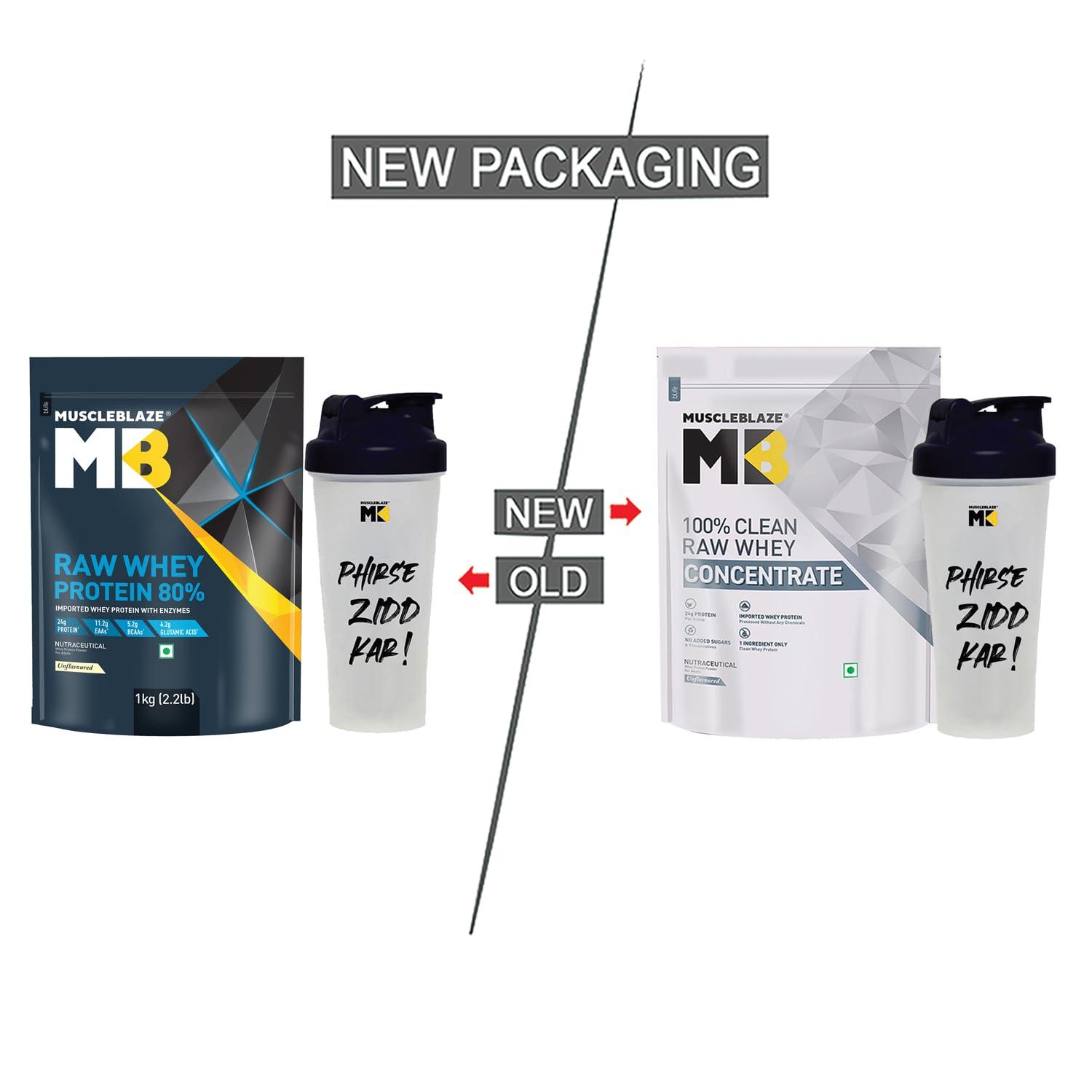 MuscleBlaze MuscleBlaze 100% Clean Raw Whey Protein Concentrate (Unflavoured, 1kg) | Easy to Digest with Shaker, 650ml (Combo Pack)