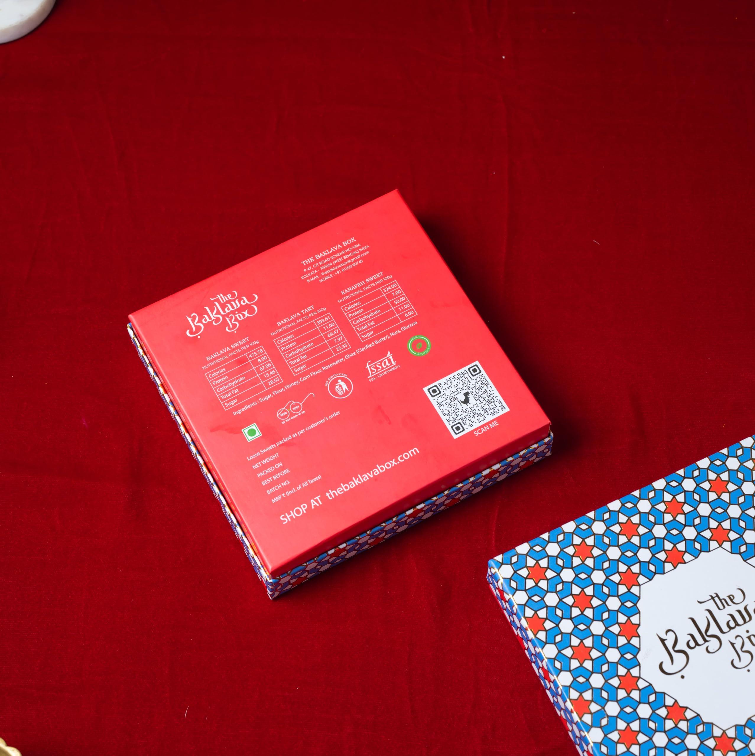 THE BAKLAVA BOX The Baklava Box- Assorted kunafa made using dry fruits, and honey and dipped in pure ghee. Kunafa box 250gms