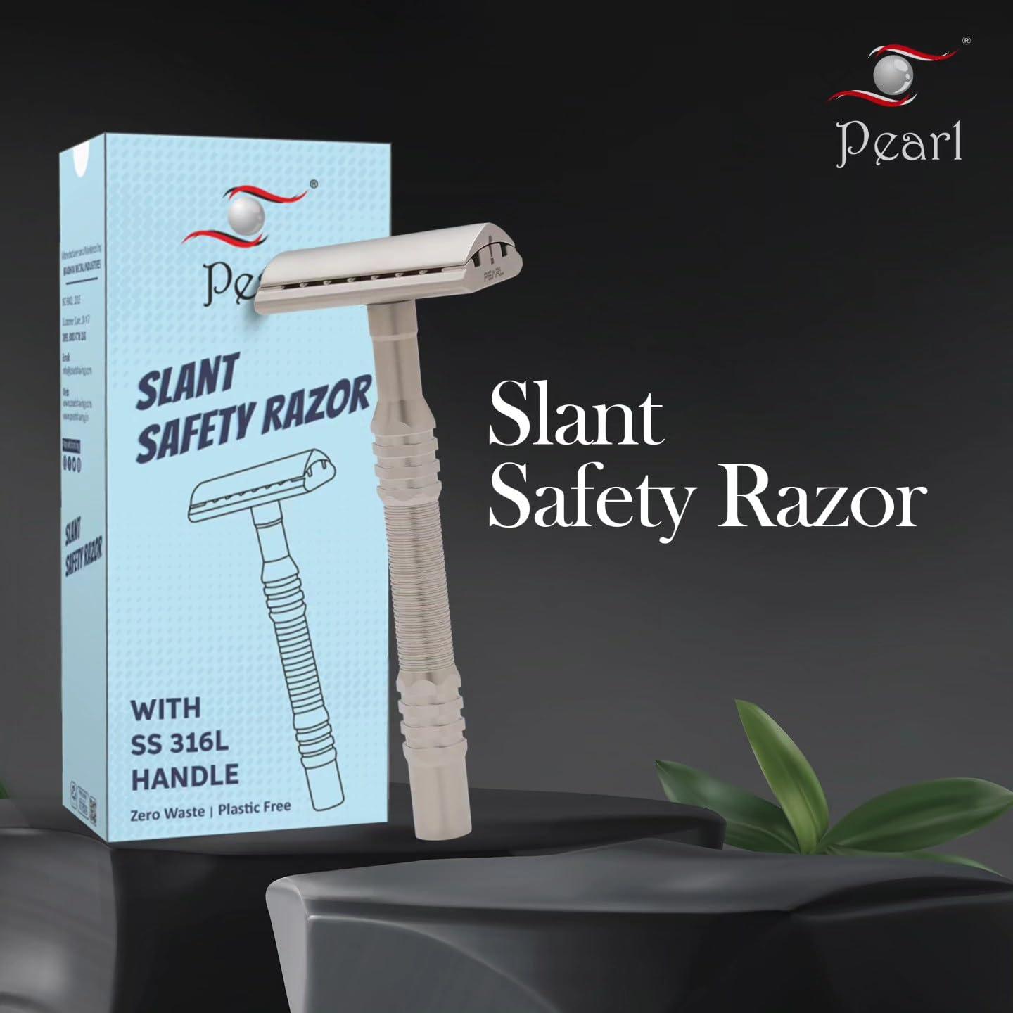 PEARL Premium Pearl Shaving Double Edge Safety Razor for Men- Semi Slant Stainless Steel | Efficient & Gentle Shave for Thick, Wiry Hair Sensitive Skin | L-65 Semi Slant DE Razor | Republic Day Deal
