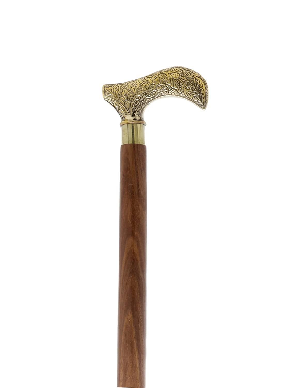 NavaFresh Basics Rana, Handmade Wooden Canes and Walking Sticks with Floral Leaf Brass (Kashmiri) Handle for Men (Brown, 36 Inches)