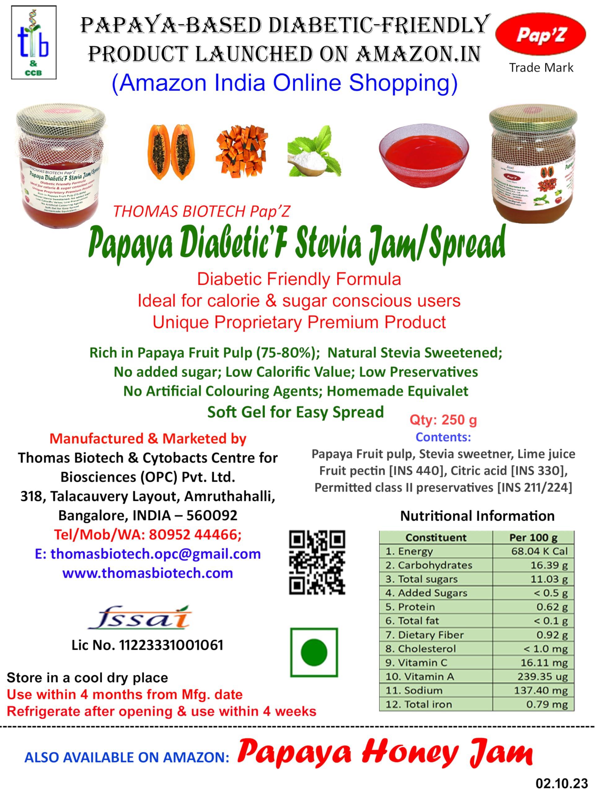Generic THOMAS BIOTECH PapZ Zero-Sugar Papaya DiabeticF Stevia Jam Spread/ Stevia-Sweetened Diabetic-Friendly Papaya-Fruit Rich Formula/ 250g Bottle/ Very Low Calorific Value/ No Added Sugar/ Soft Gel for Easy Spread