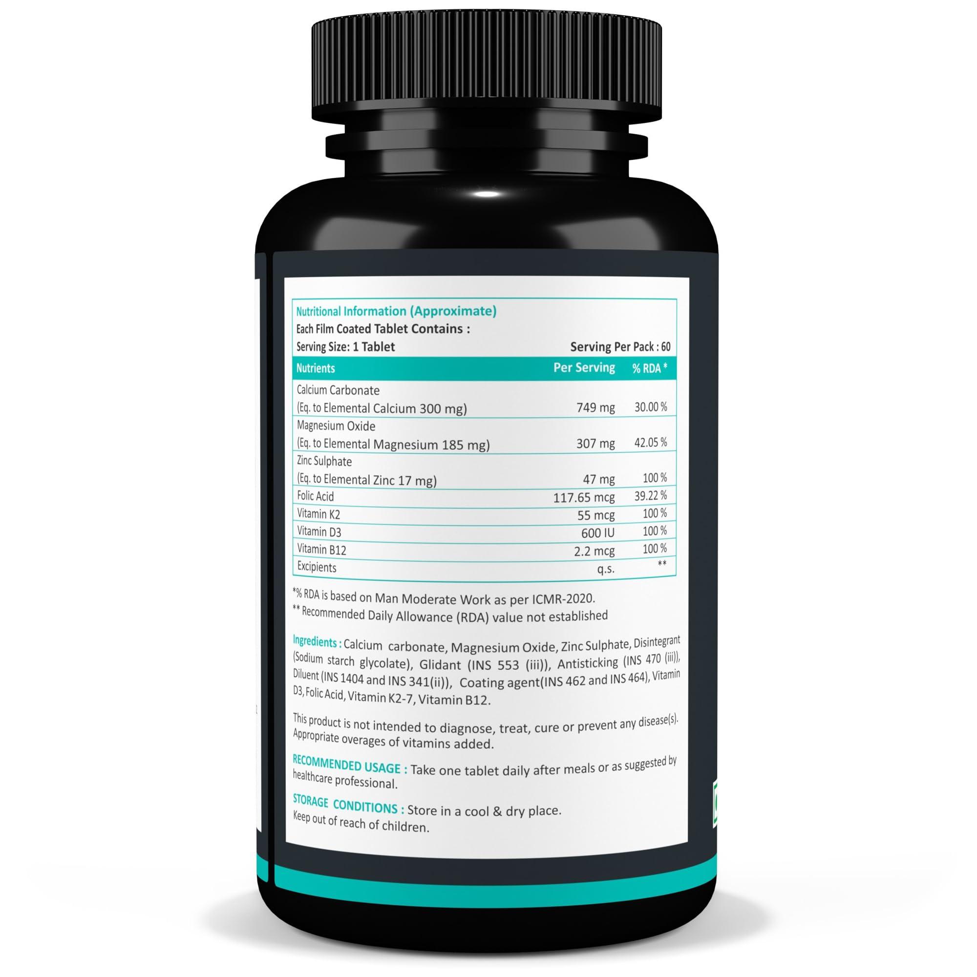 NutritJet NutritJet Calcium Magnesium Zinc Vitamin D3 Vitamin B12 & Vitamin K2 60 Vegetarian Tablets for Bone Health, Joint Support, and Immunity Support for Women & Men