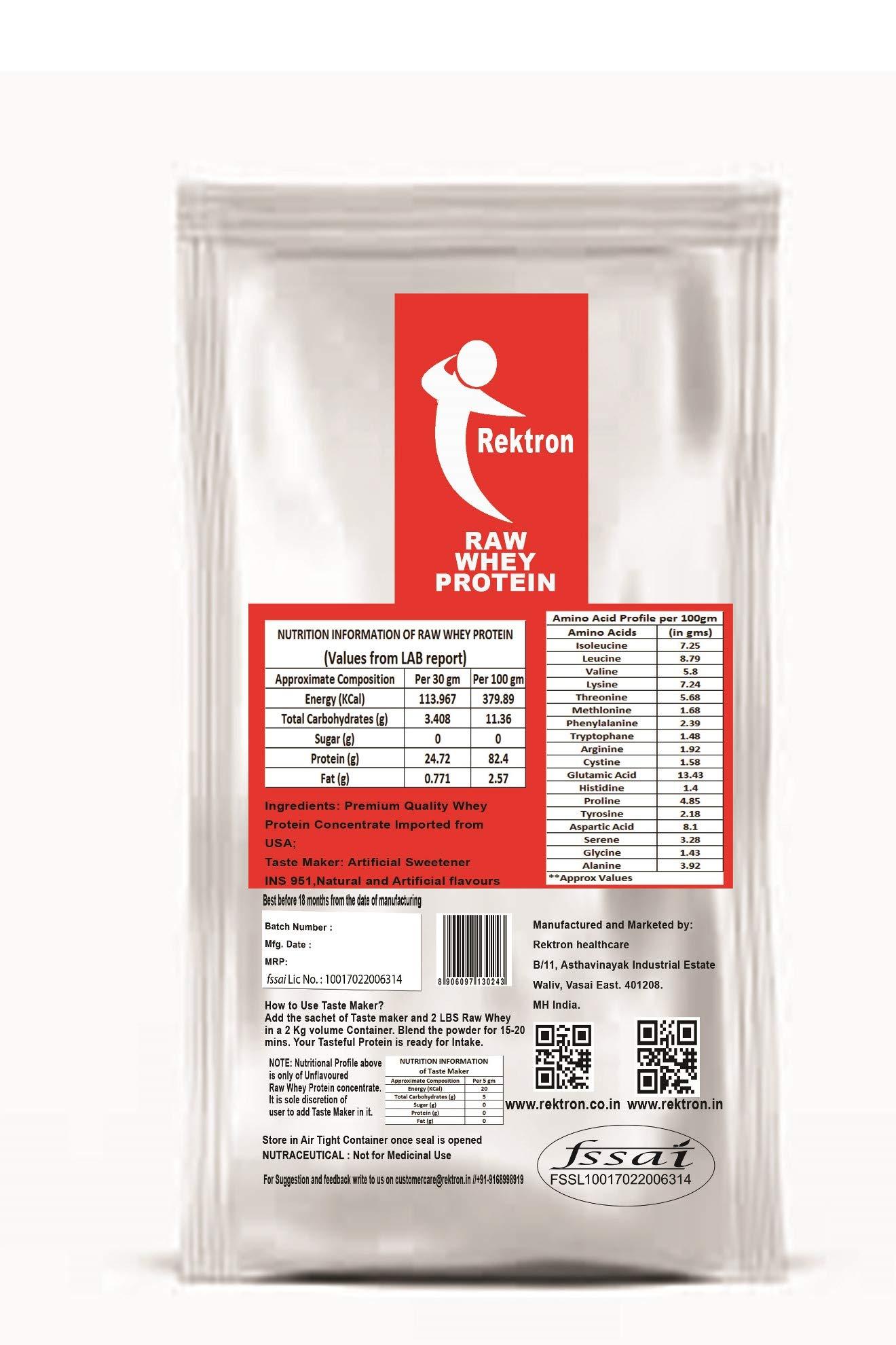 Rektron Rektron 100% Raw Whey Protein Powder with Free Taste Maker | Real Raw Whey Protein Powder for Men and Women 82.40% Protein- 2 lbs (Unflavored)