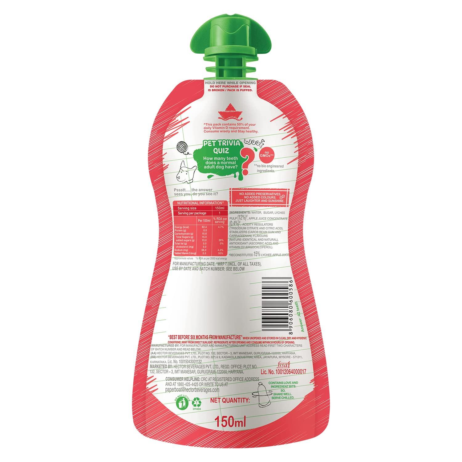 Paper Boat Paper Boat Lychee Juice, Litchi Jelly Drink Enriched with Vitamin D, No Added Preservatives and Colours (Pack of 9, 150ml each), Pink
